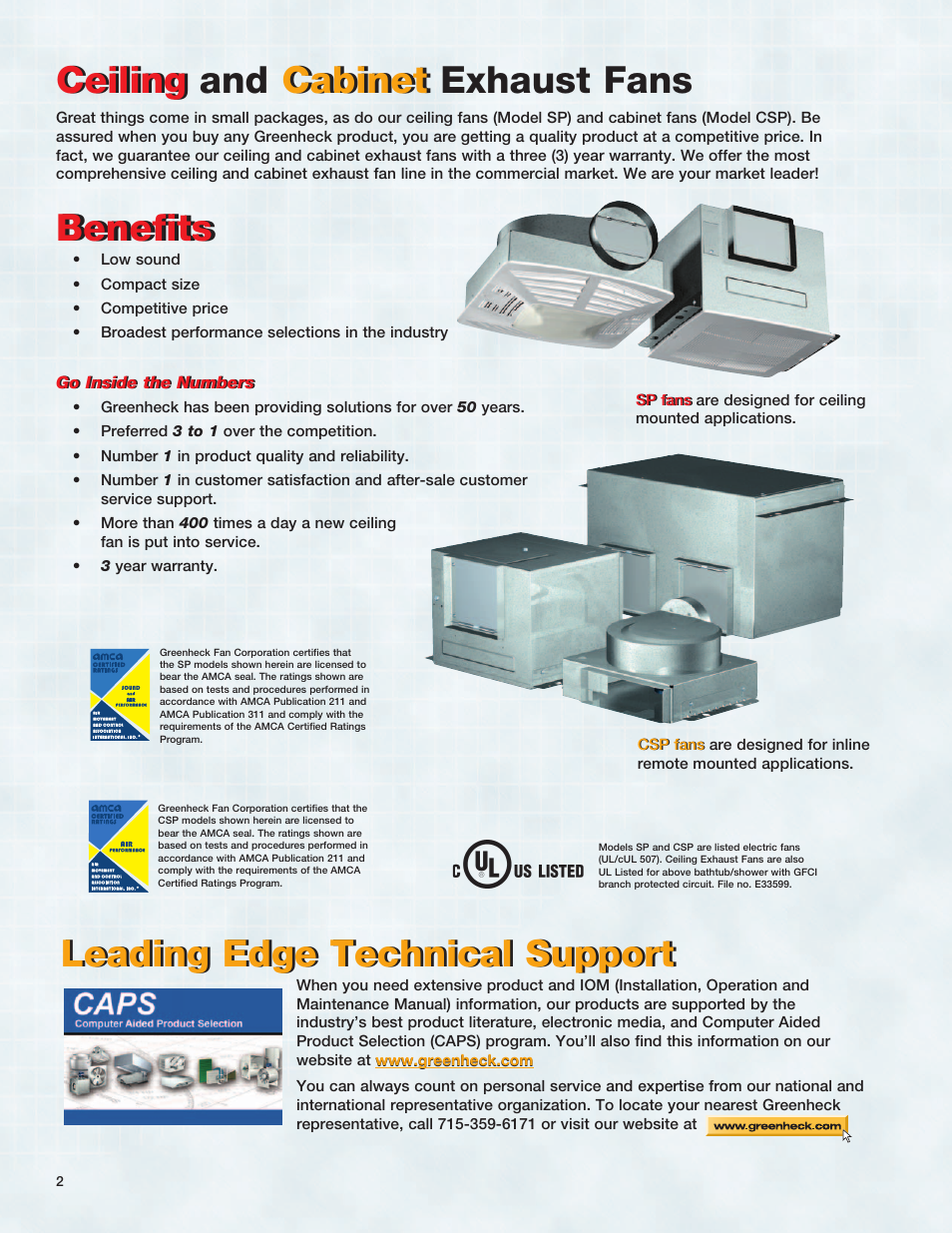 Ceiling and cabinet exhaust fans, Benefits, Leading edge technical support | Greenheck Fan CSP User Manual | Page 2 / 20