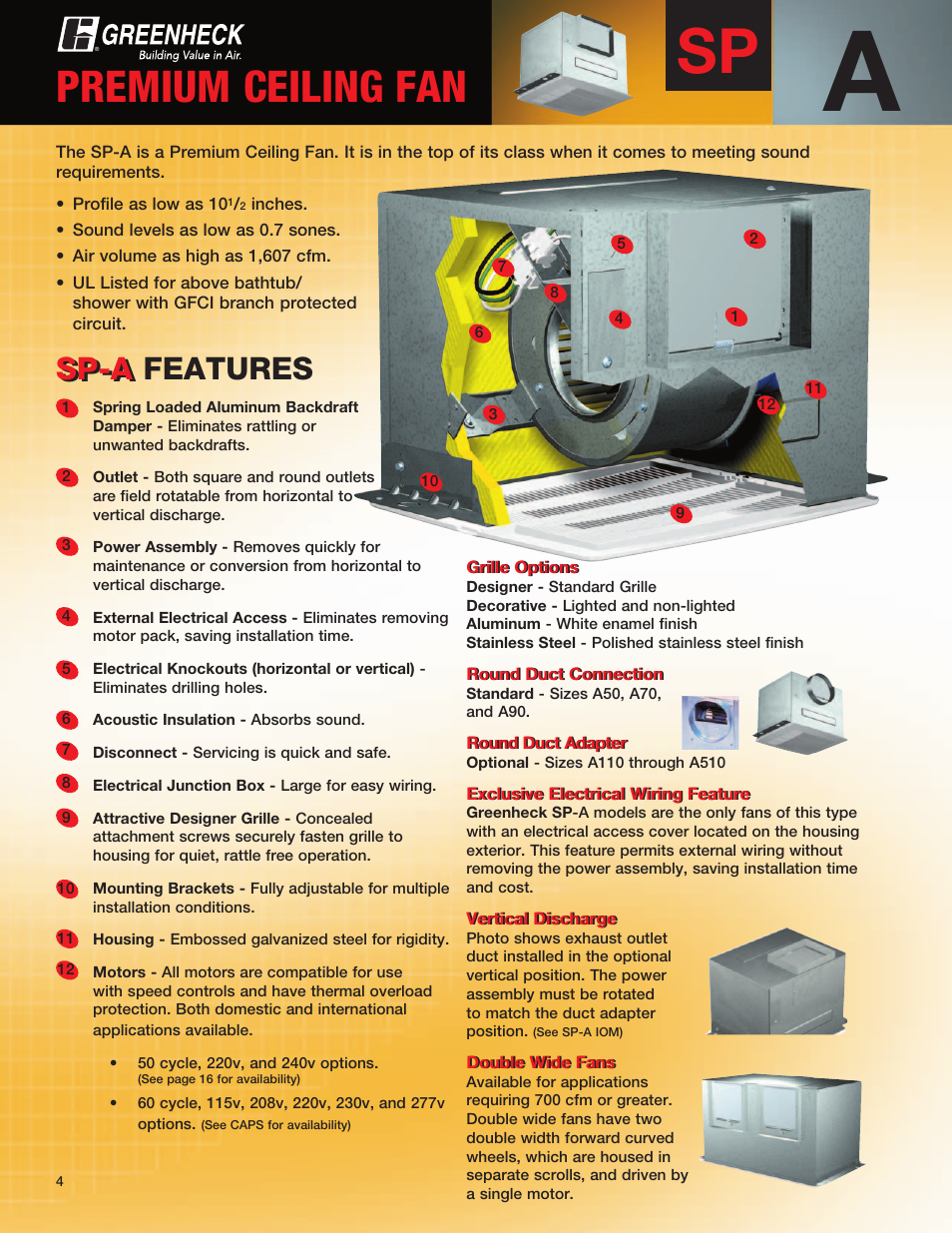 Premium ceiling fan, Sp-a, Sp-a features | Greenheck Fan CSP User Manual | Page 4 / 20