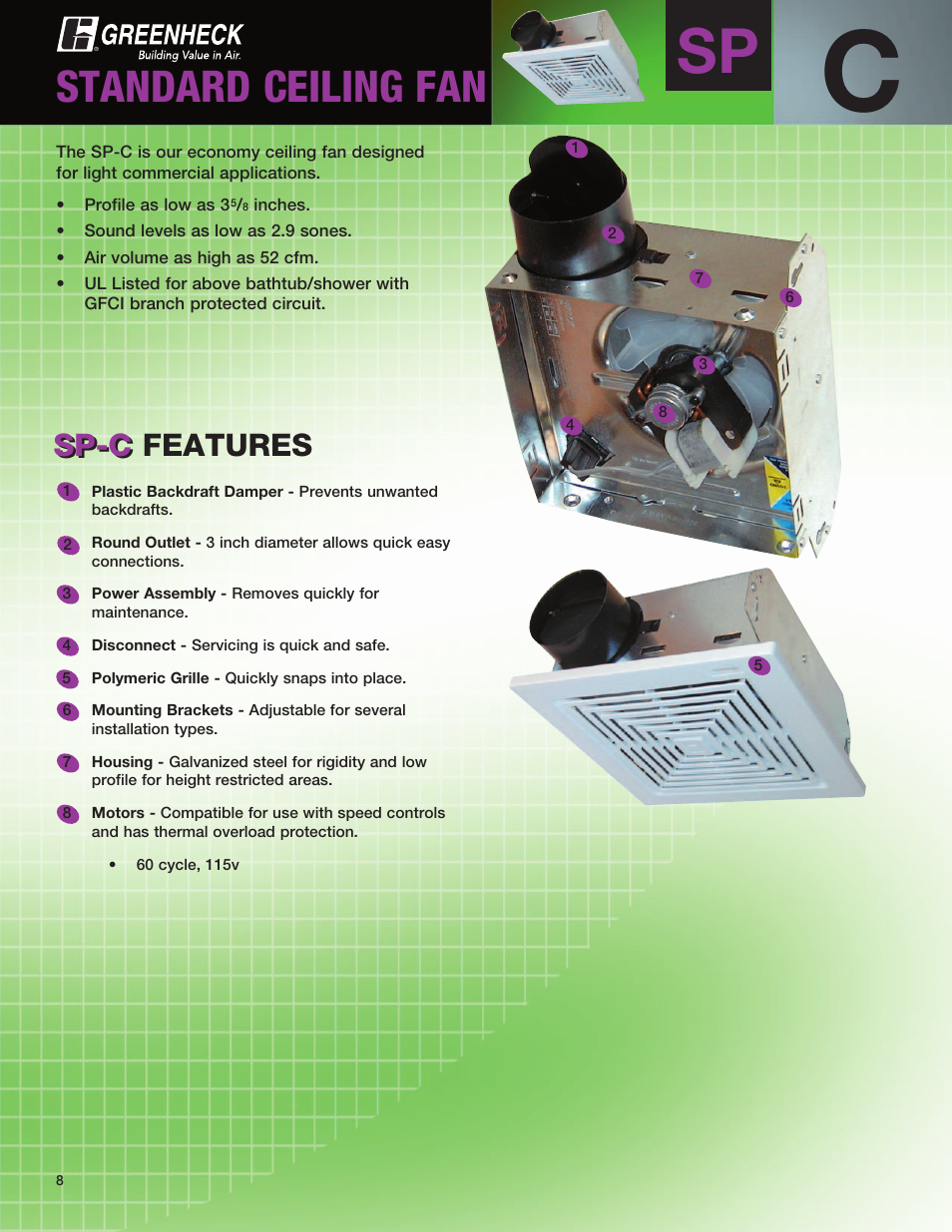 Standard ceiling fan, Sp-c, Sp-c features | Greenheck Fan CSP User Manual | Page 8 / 20