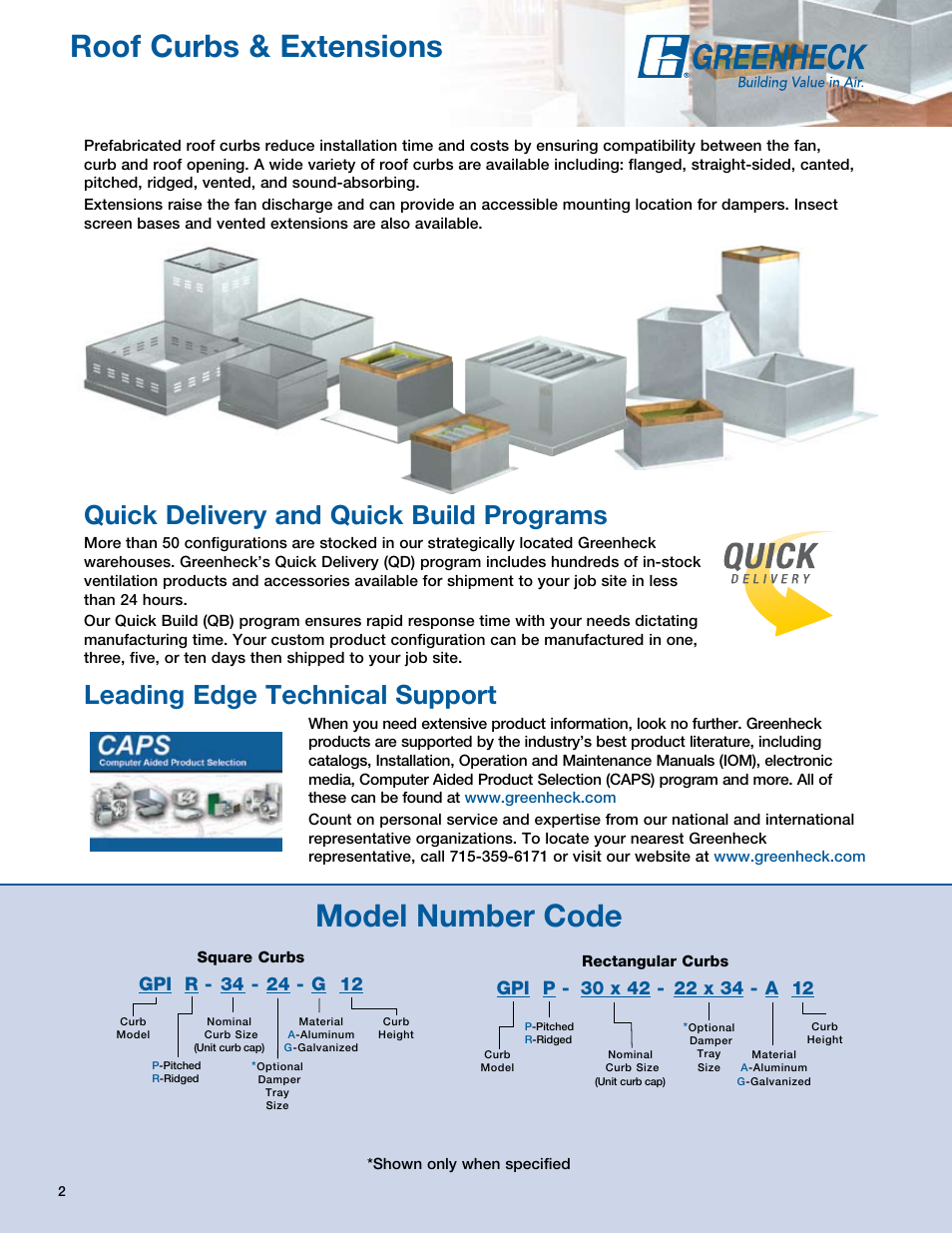 Page header, Roof curbs & extensions model number code, Quick delivery and quick build programs | Leading edge technical support | Greenheck Fan GPS User Manual | Page 2 / 8