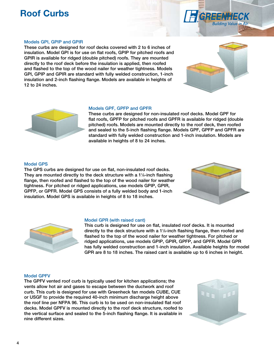 Page header, Roof curbs | Greenheck Fan GPS User Manual | Page 4 / 8