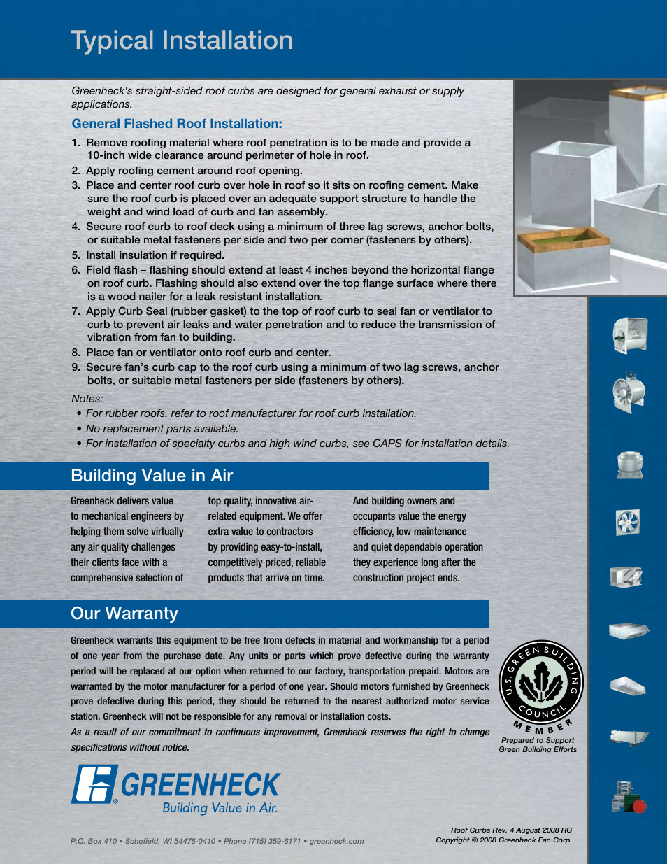 Typical installation, Building value in air our warranty | Greenheck Fan GPS User Manual | Page 8 / 8