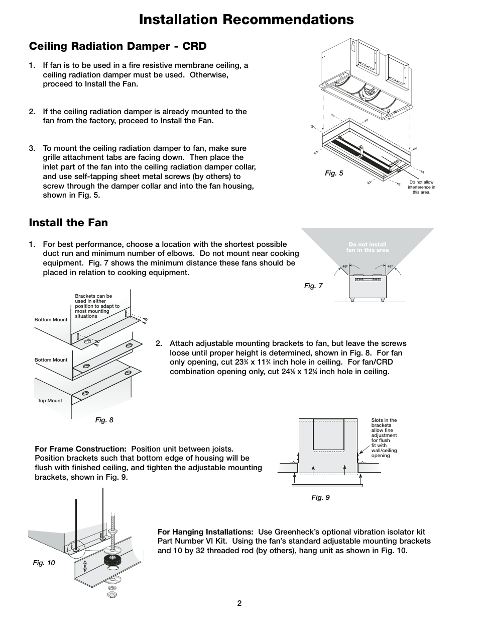 Installation recommendations, Install the fan, Ceiling radiation damper - crd | Greenheck Fan SP-A700 User Manual | Page 2 / 4