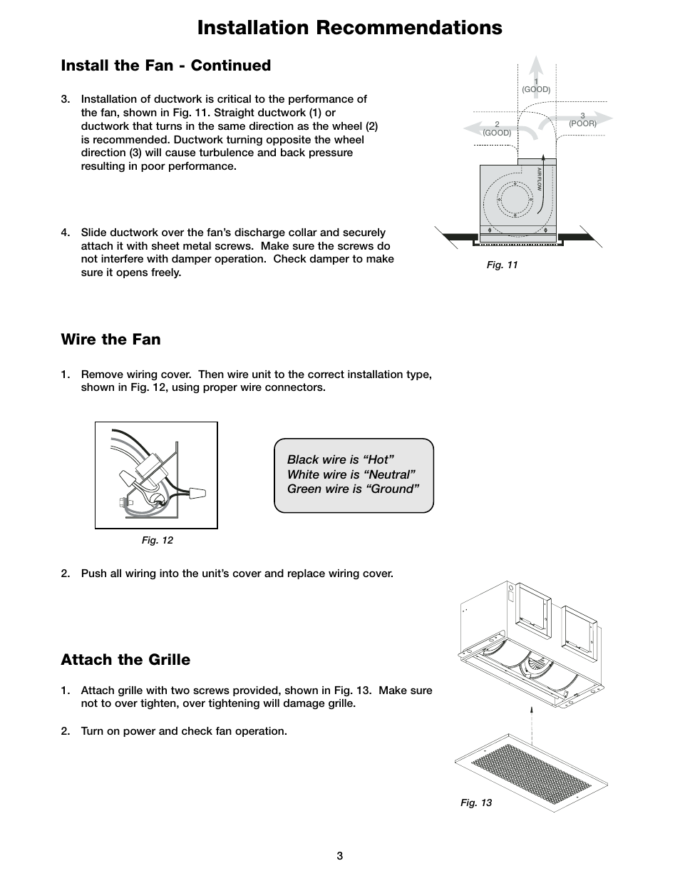 Installation recommendations, Wire the fan, Attach the grille | Install the fan - continued | Greenheck Fan SP-A700 User Manual | Page 3 / 4