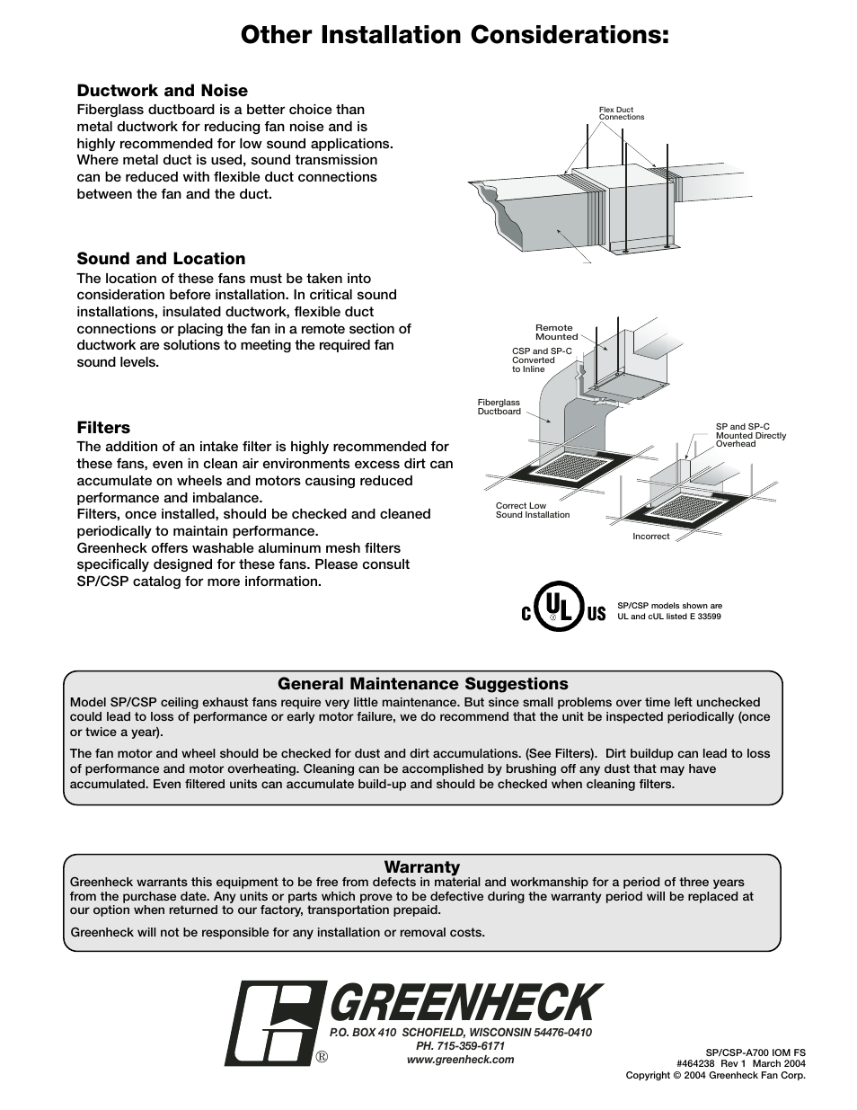 Greenheck, Other installation considerations | Greenheck Fan SP-A700 User Manual | Page 4 / 4