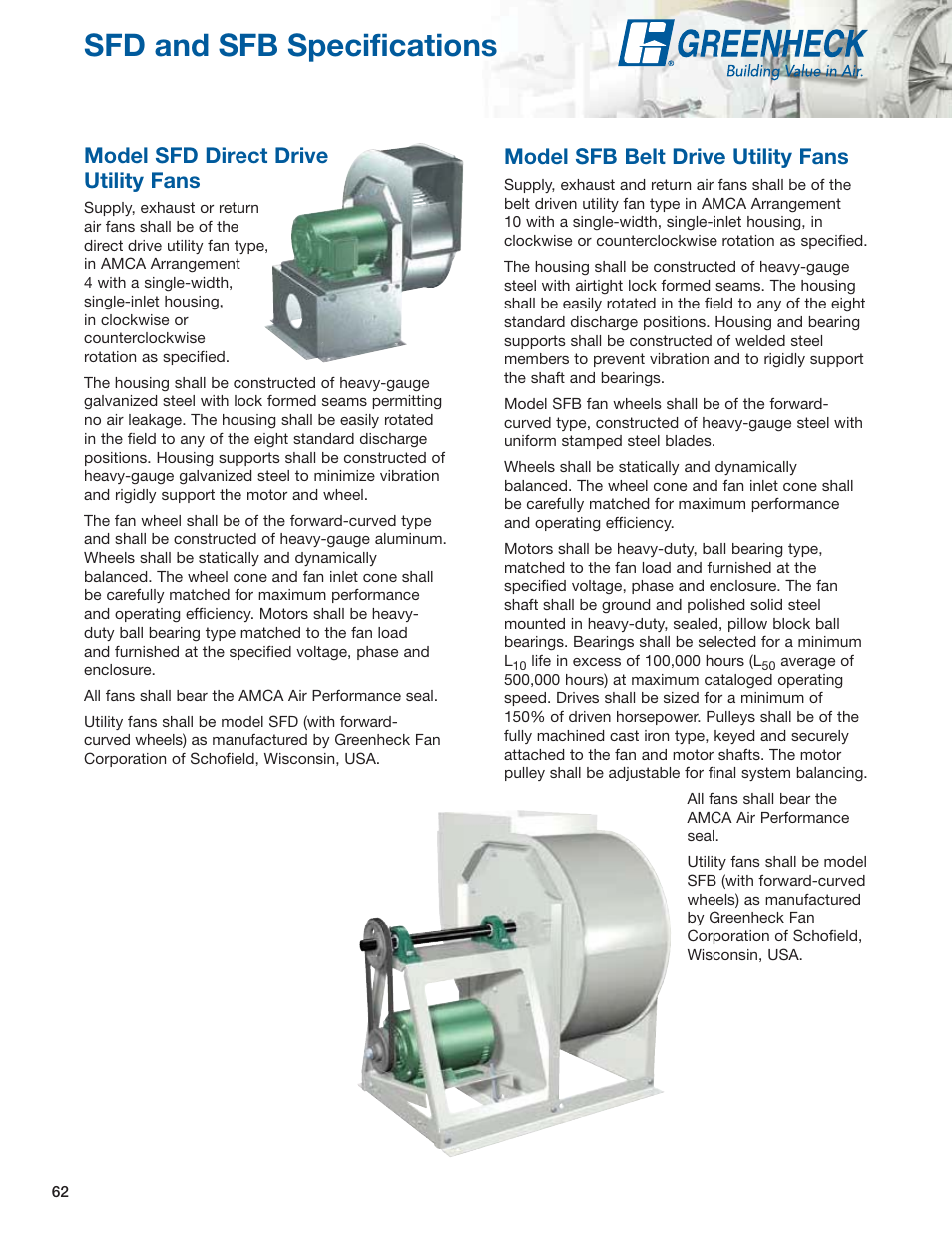 Page header sfd and sfb specifications, Model sfd direct drive utility fans, Model sfb belt drive utility fans | Greenheck Fan Centrifugal Utility Fans SFB User Manual | Page 62 / 64