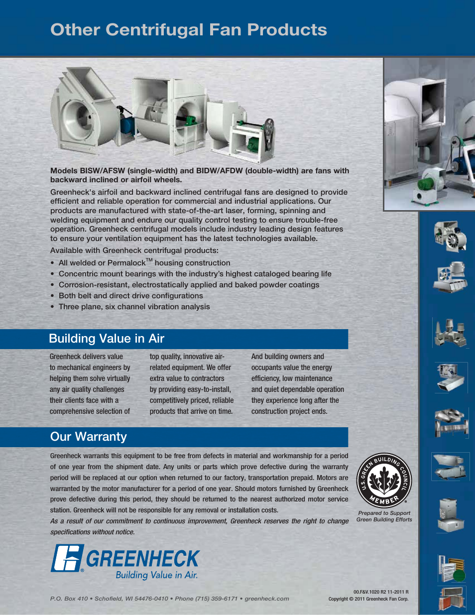 Other centrifugal fan products, Our warranty, Building value in air | Greenheck Fan Centrifugal Utility Fans SFB User Manual | Page 64 / 64