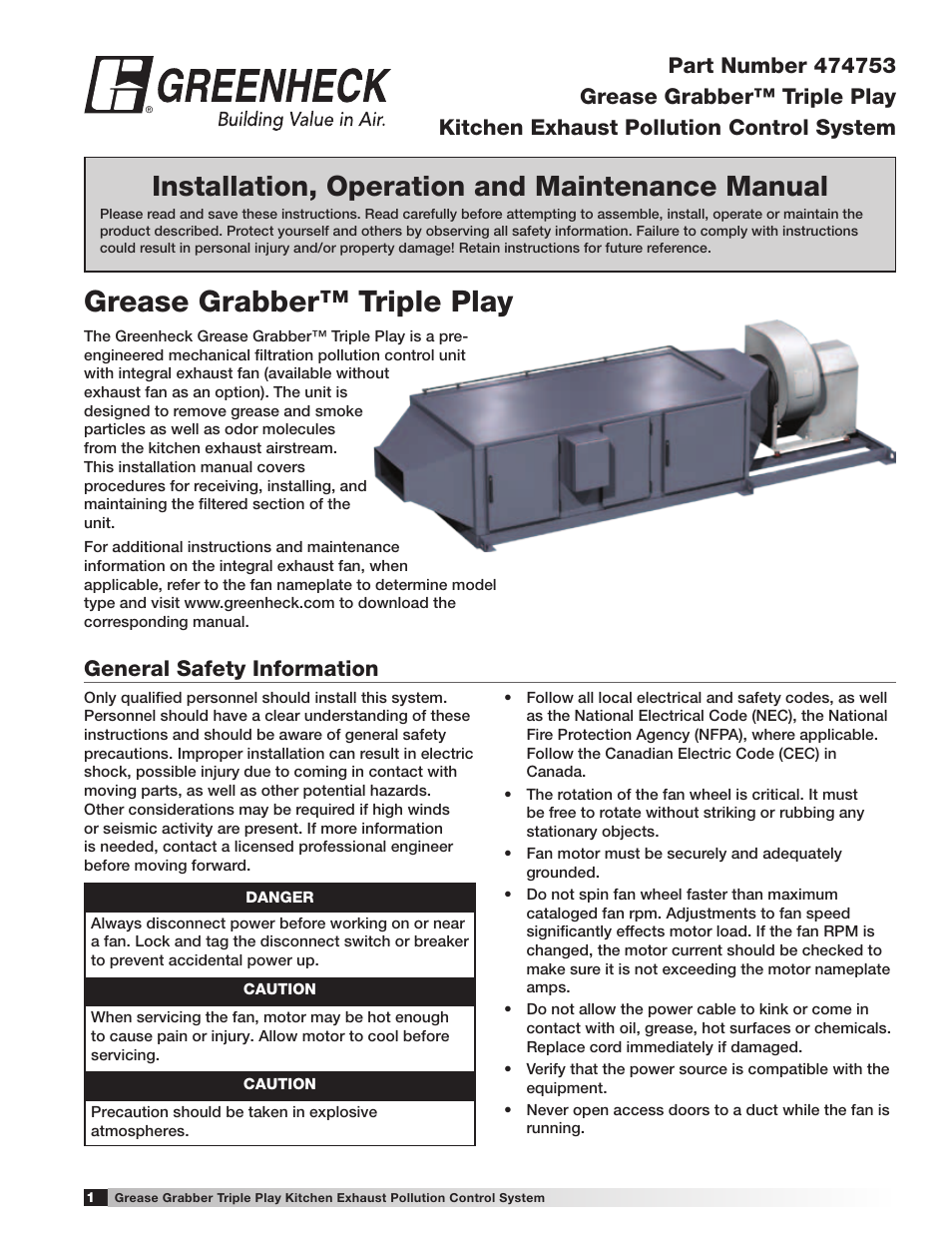 Greenheck Fan Grease Grabber 474753 User Manual | 12 pages