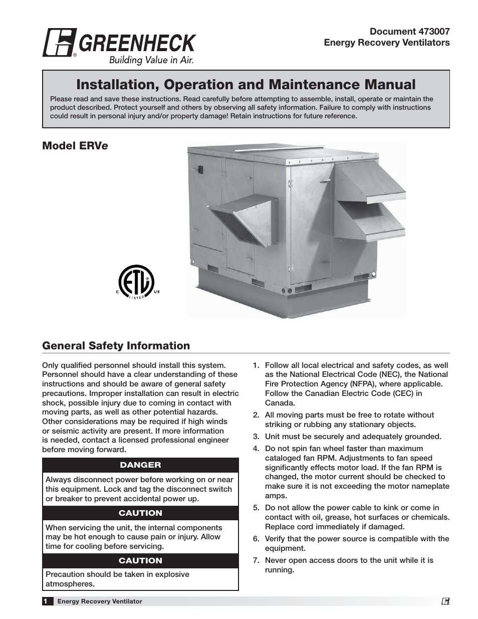 Greenheck Fan Energy Recovery Ventilator ERVe User Manual | 28 pages