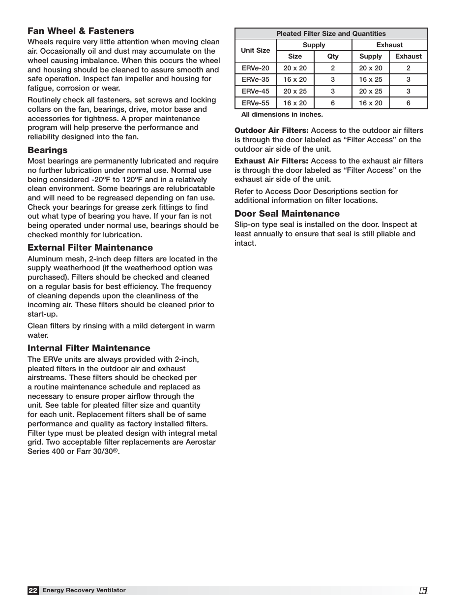 Greenheck Fan Energy Recovery Ventilator ERVe User Manual | Page 22 / 28