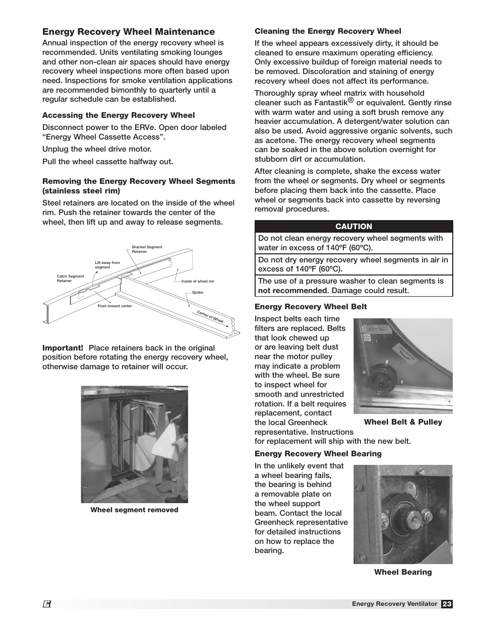 Energy recovery wheel maintenance | Greenheck Fan Energy Recovery Ventilator ERVe User Manual | Page 23 / 28
