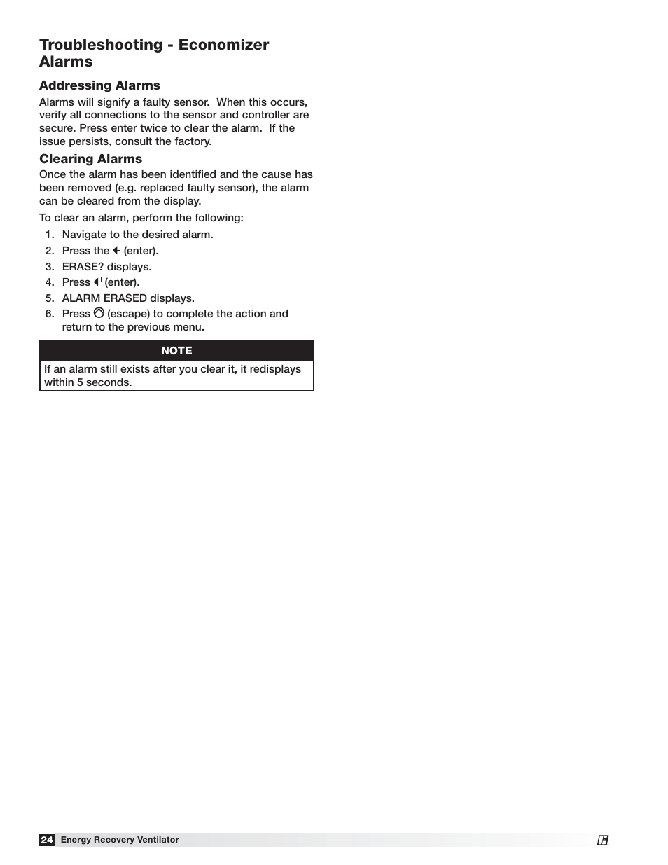 Troubleshooting - economizer alarms | Greenheck Fan Energy Recovery Ventilator ERVe User Manual | Page 24 / 28