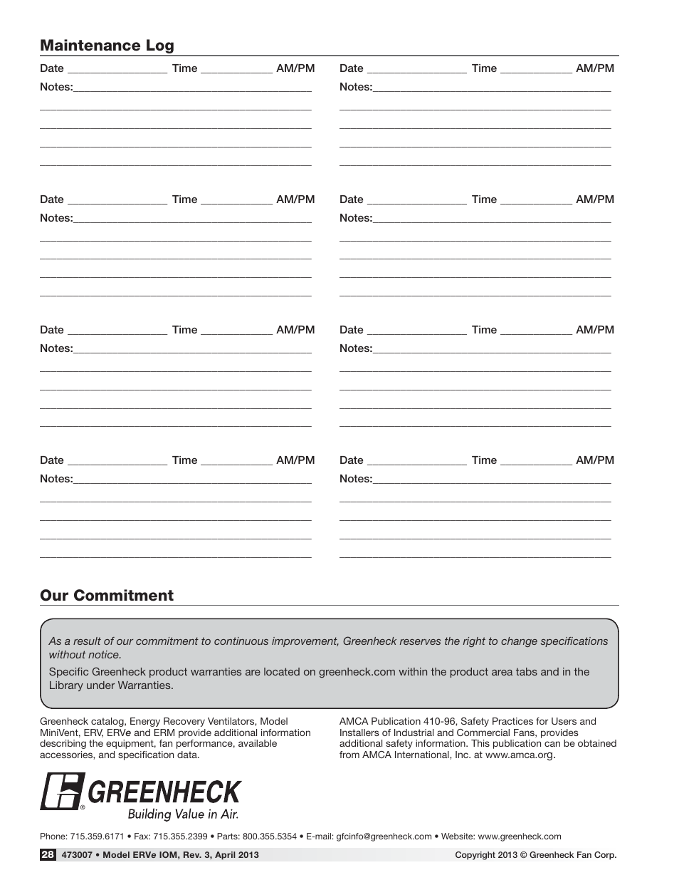 Our commitment, Maintenance log | Greenheck Fan Energy Recovery Ventilator ERVe User Manual | Page 28 / 28