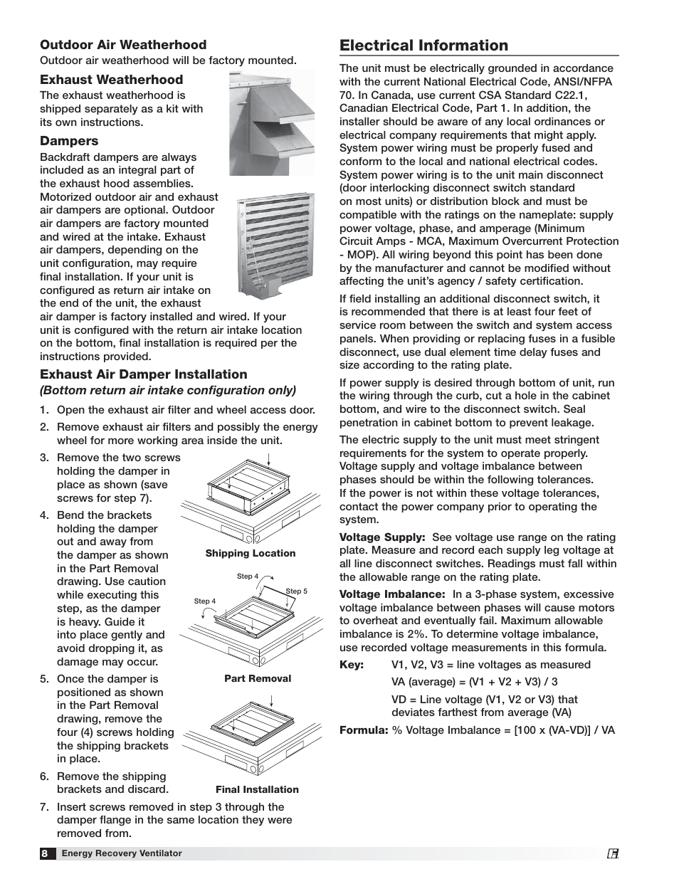 Electrical information | Greenheck Fan Energy Recovery Ventilator ERVe User Manual | Page 8 / 28