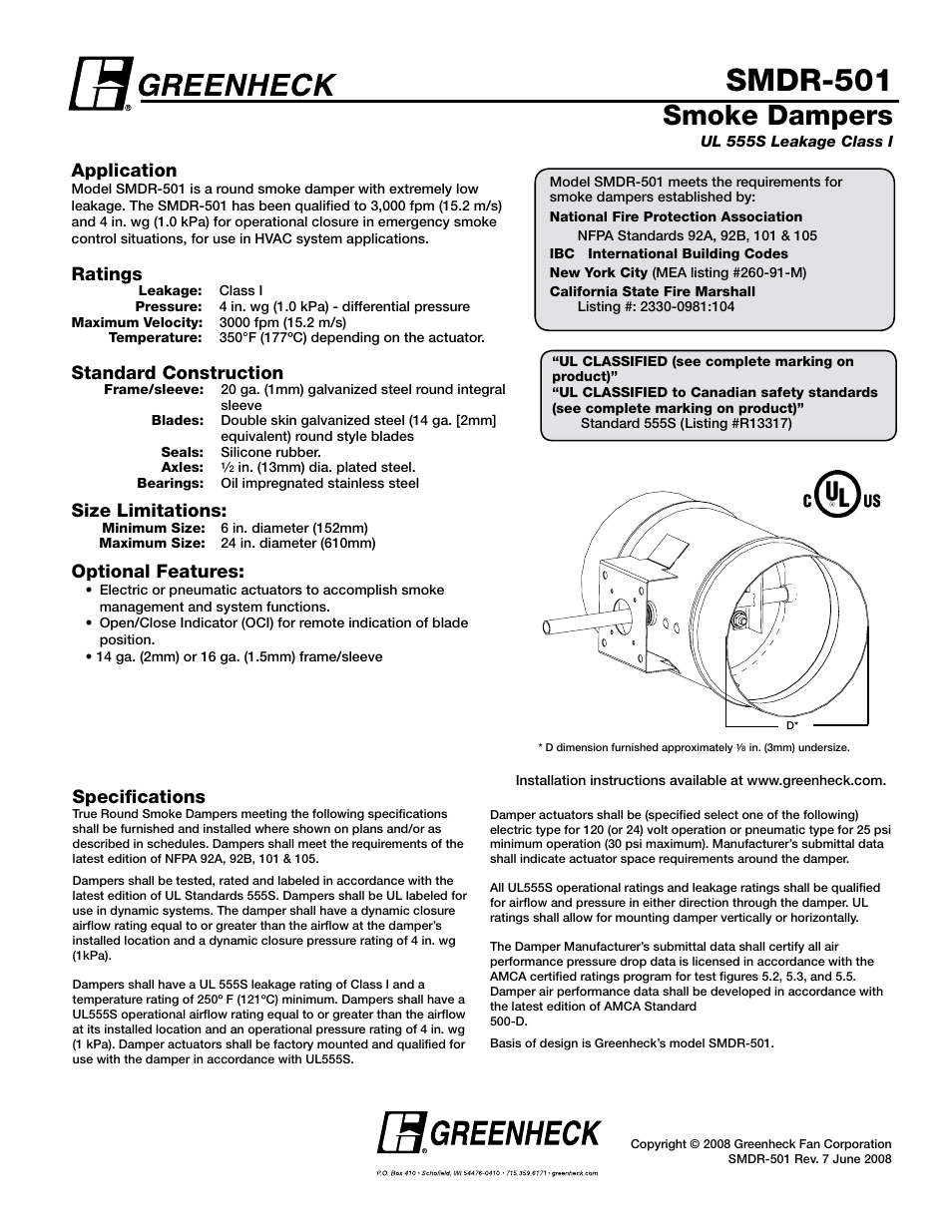 Greenheck Fan UL555S Leakage Class I SMDR-501 User Manual | 1 page