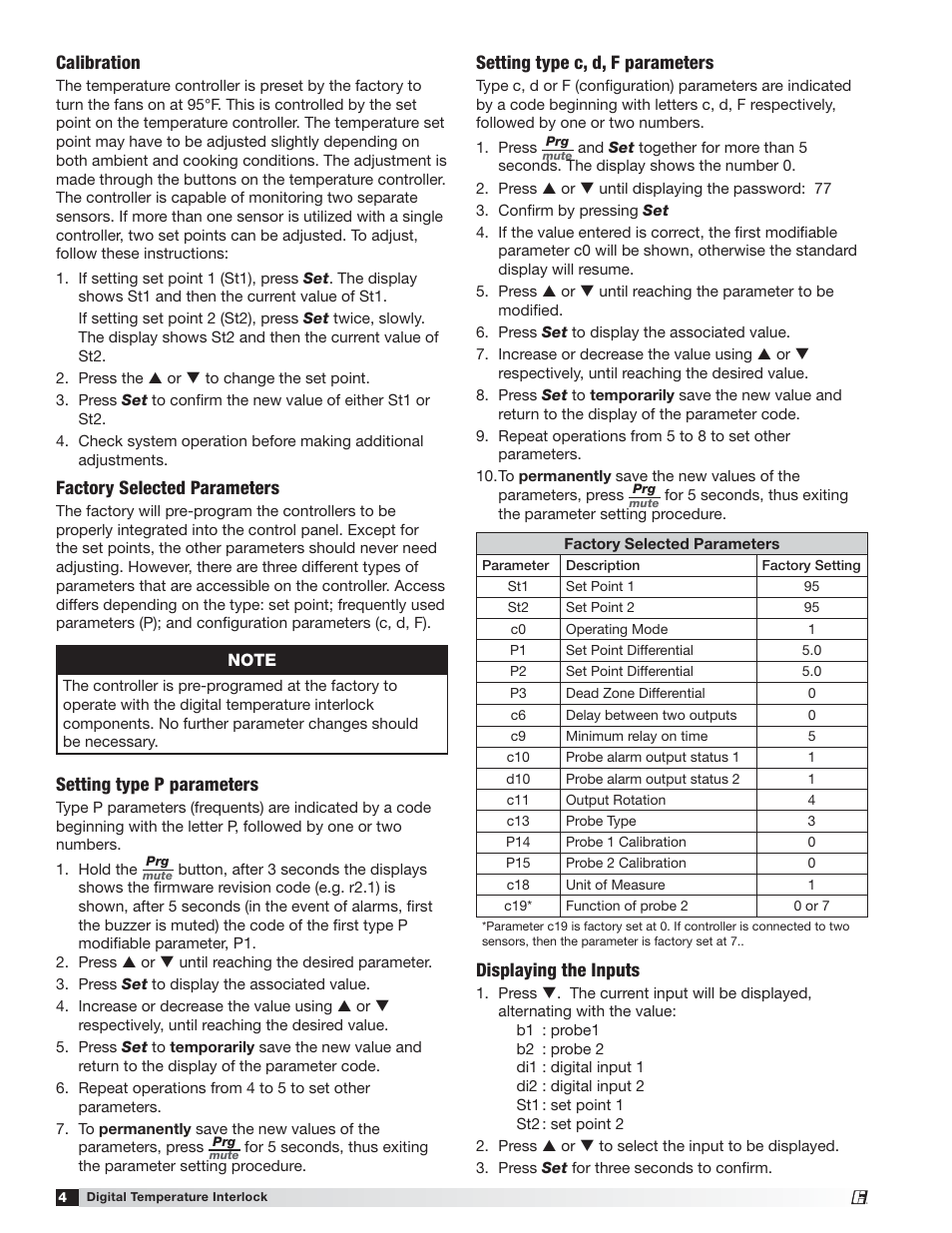 Calibration, Factory selected parameters, Setting type p parameters | Setting type c, d, f parameters, Displaying the inputs | Greenheck Fan Greenheck 474750 User Manual | Page 4 / 8