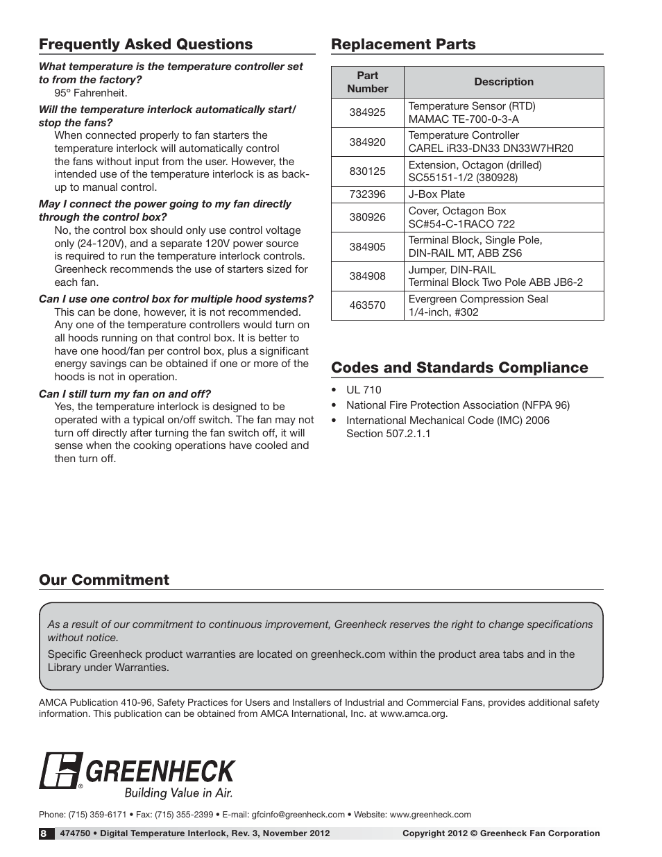 Frequently asked questions, Replacement parts, Codes and standards compliance | Our commitment | Greenheck Fan Greenheck 474750 User Manual | Page 8 / 8