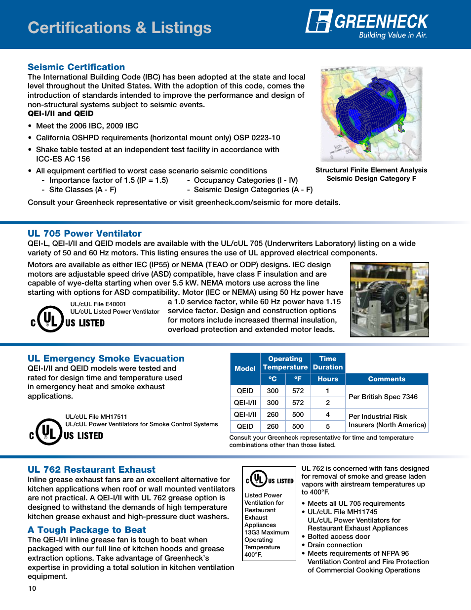Certifications & listings, Seismic certification, Ul 762 restaurant exhaust | A tough package to beat, Ul 705 power ventilator, Ul emergency smoke evacuation | Greenheck Fan Mixed Flow Fans Belt and Direct Drive QEI-L User Manual | Page 10 / 52