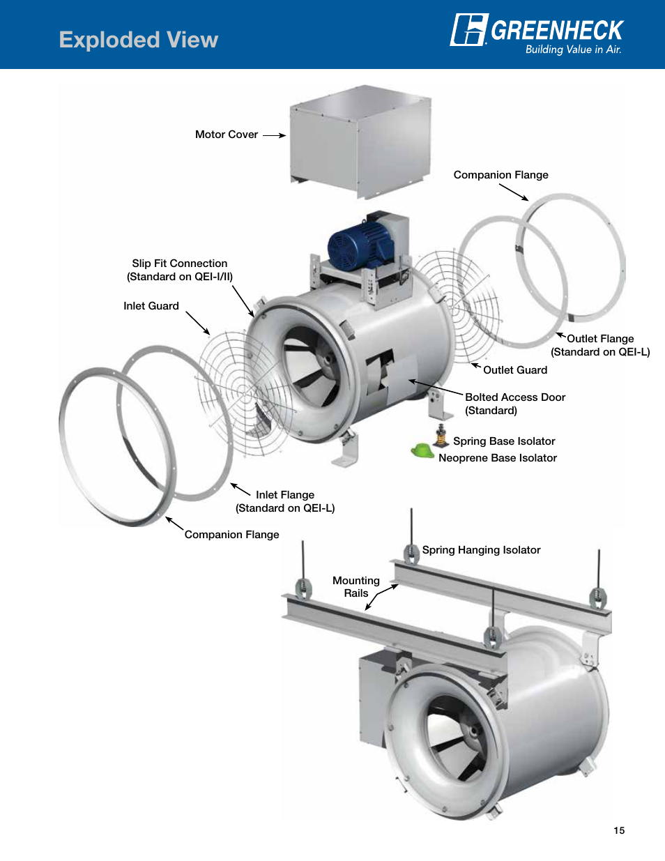 Exploded view | Greenheck Fan Mixed Flow Fans Belt and Direct Drive QEI-L User Manual | Page 15 / 52