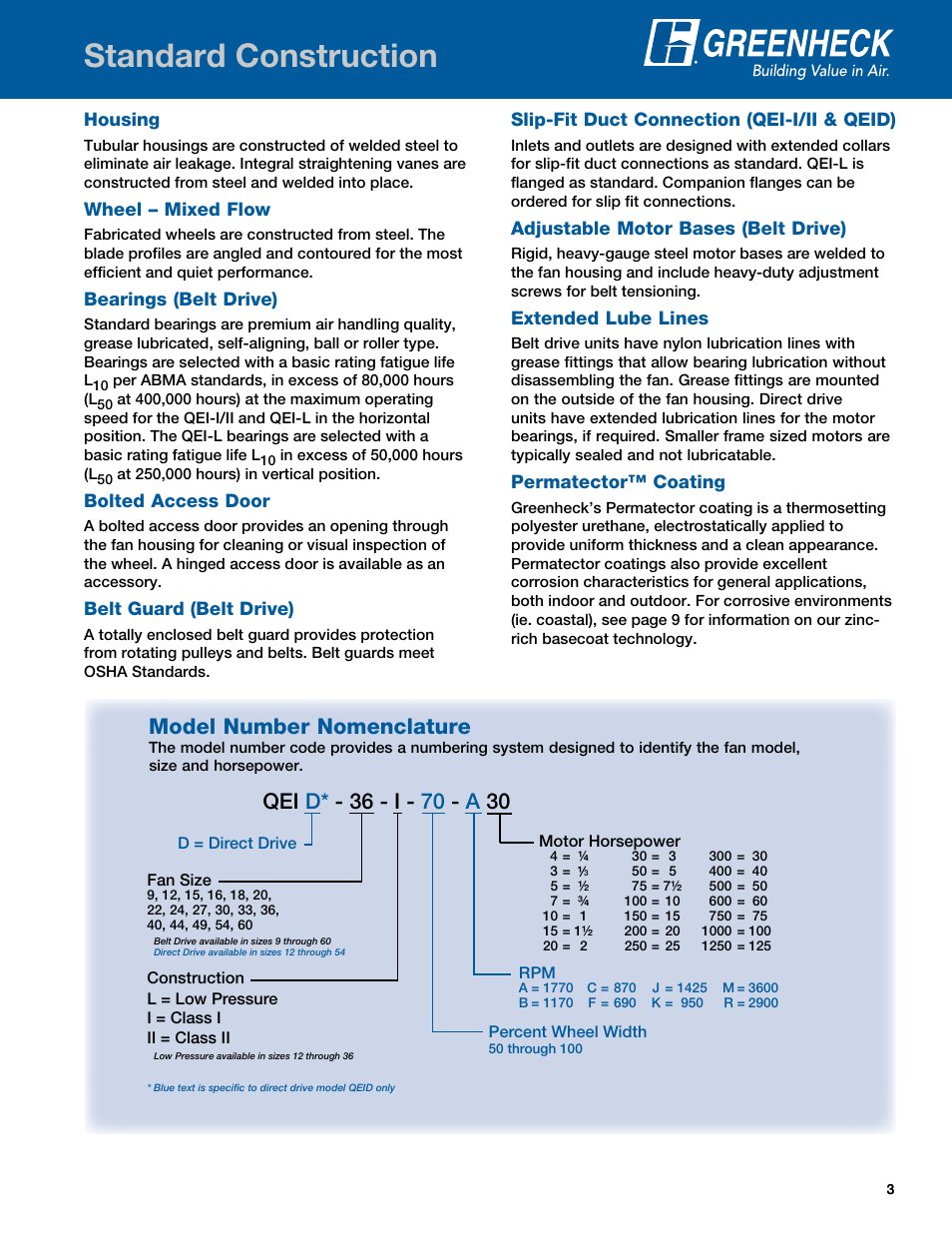 Standard construction, Model number nomenclature | Greenheck Fan Mixed Flow Fans Belt and Direct Drive QEI-L User Manual | Page 3 / 52