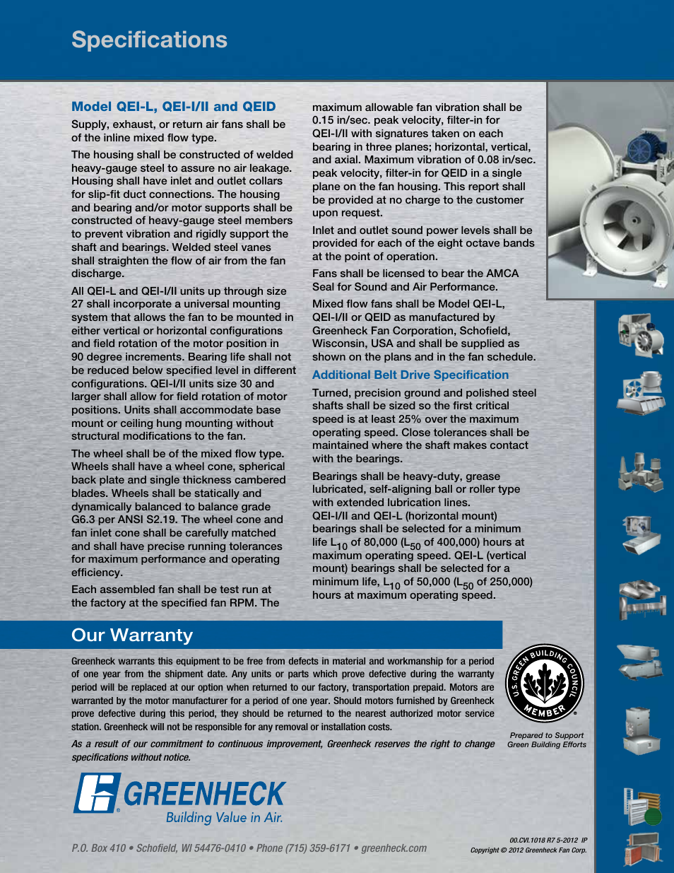 Specifications, Our warranty | Greenheck Fan Mixed Flow Fans Belt and Direct Drive QEI-L User Manual | Page 52 / 52