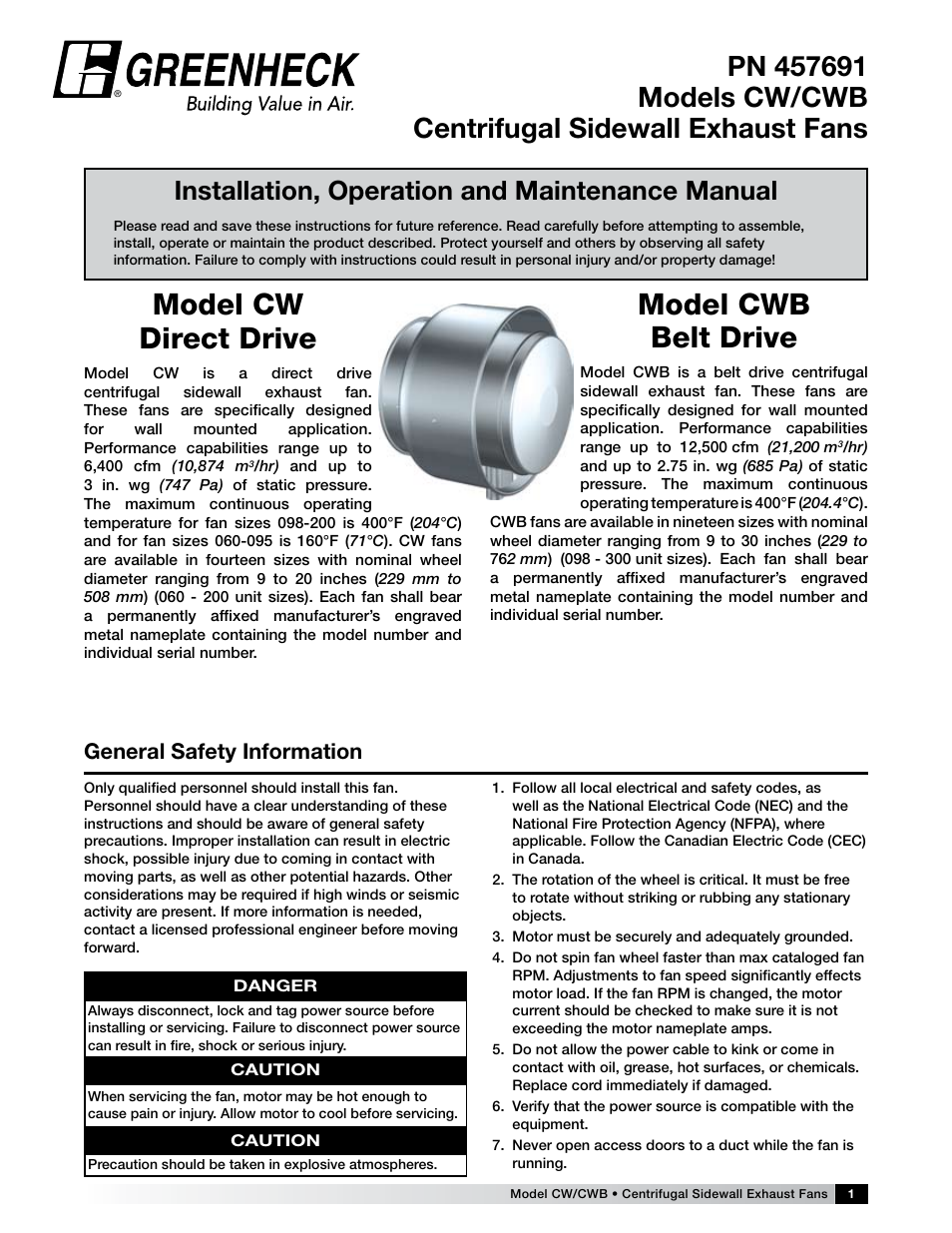 Greenheck Fan Centrifugal Sidewall Exhaust Fans CW/CWB User Manual | 8 pages