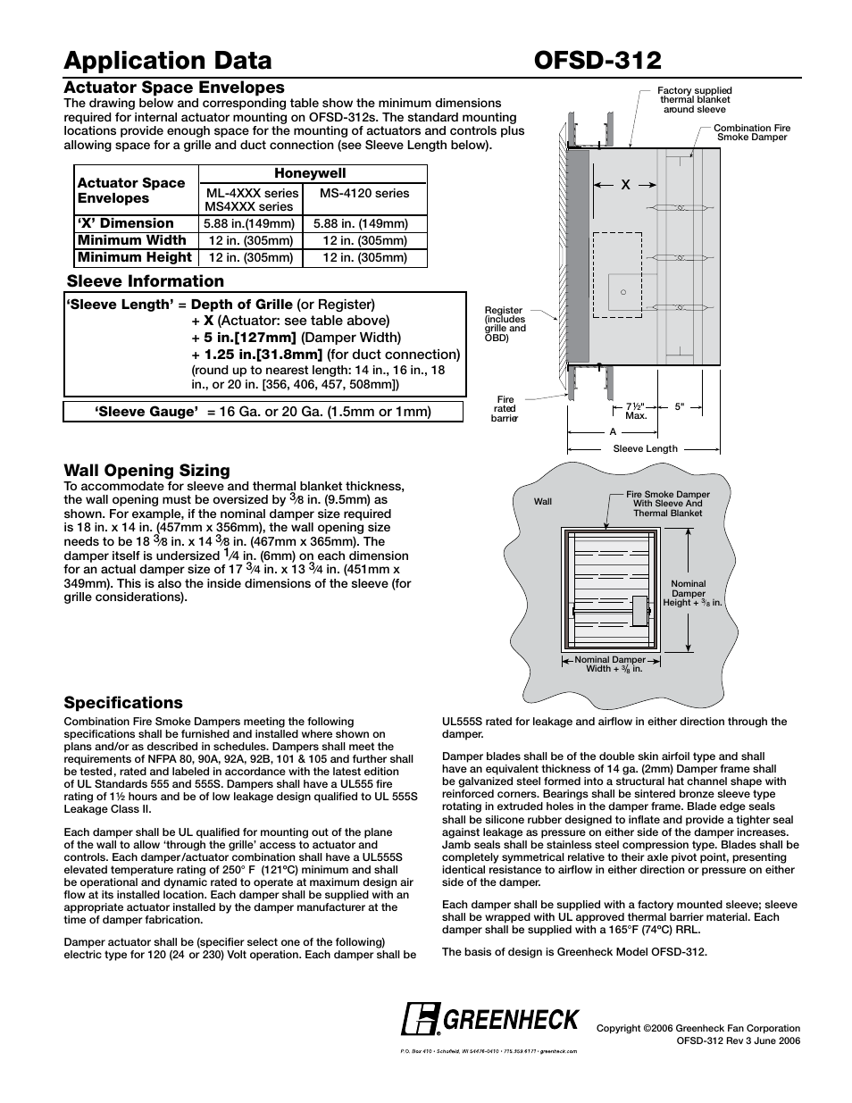 Application data ofsd-312, Actuator space envelopes, Wall opening sizing | Sleeve information, Specifications | Greenheck Fan OFSD-312 User Manual | Page 6 / 6