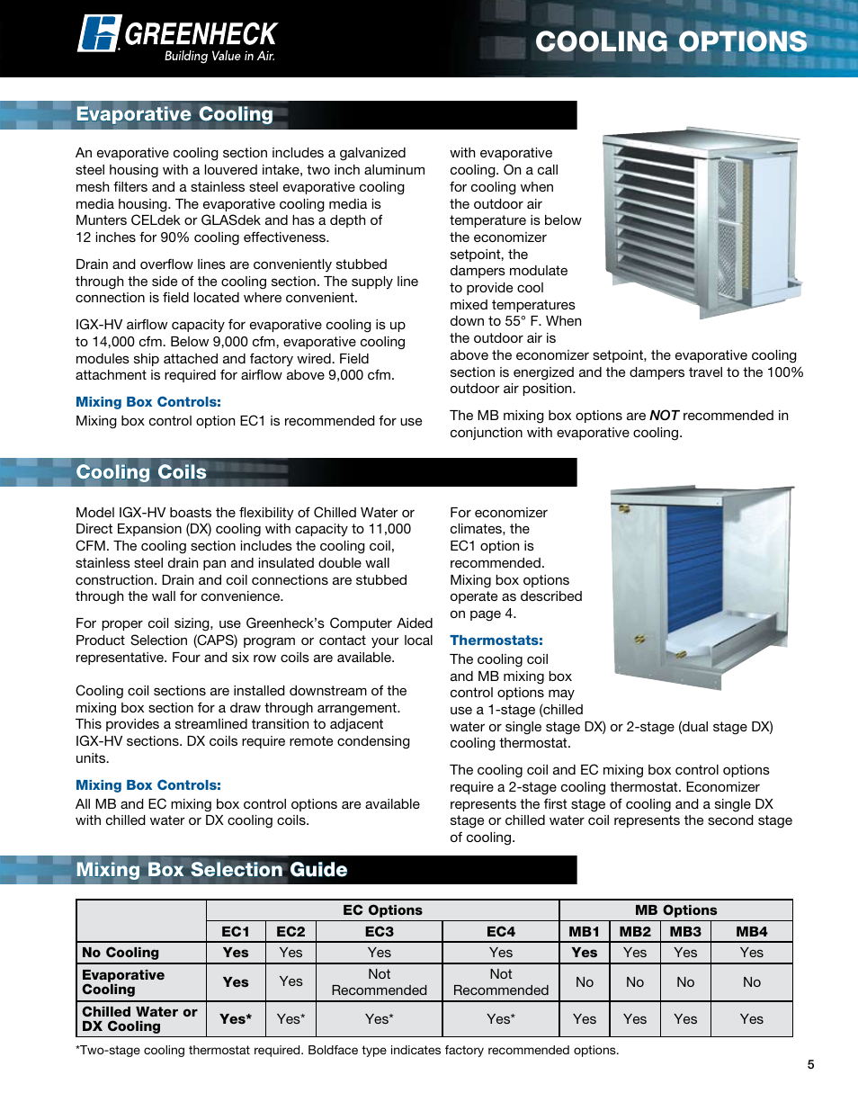 Cooling options, Evaporative cooling, Cooling coils mixing box selection guide | Greenheck Fan IGX-HV User Manual | Page 5 / 8