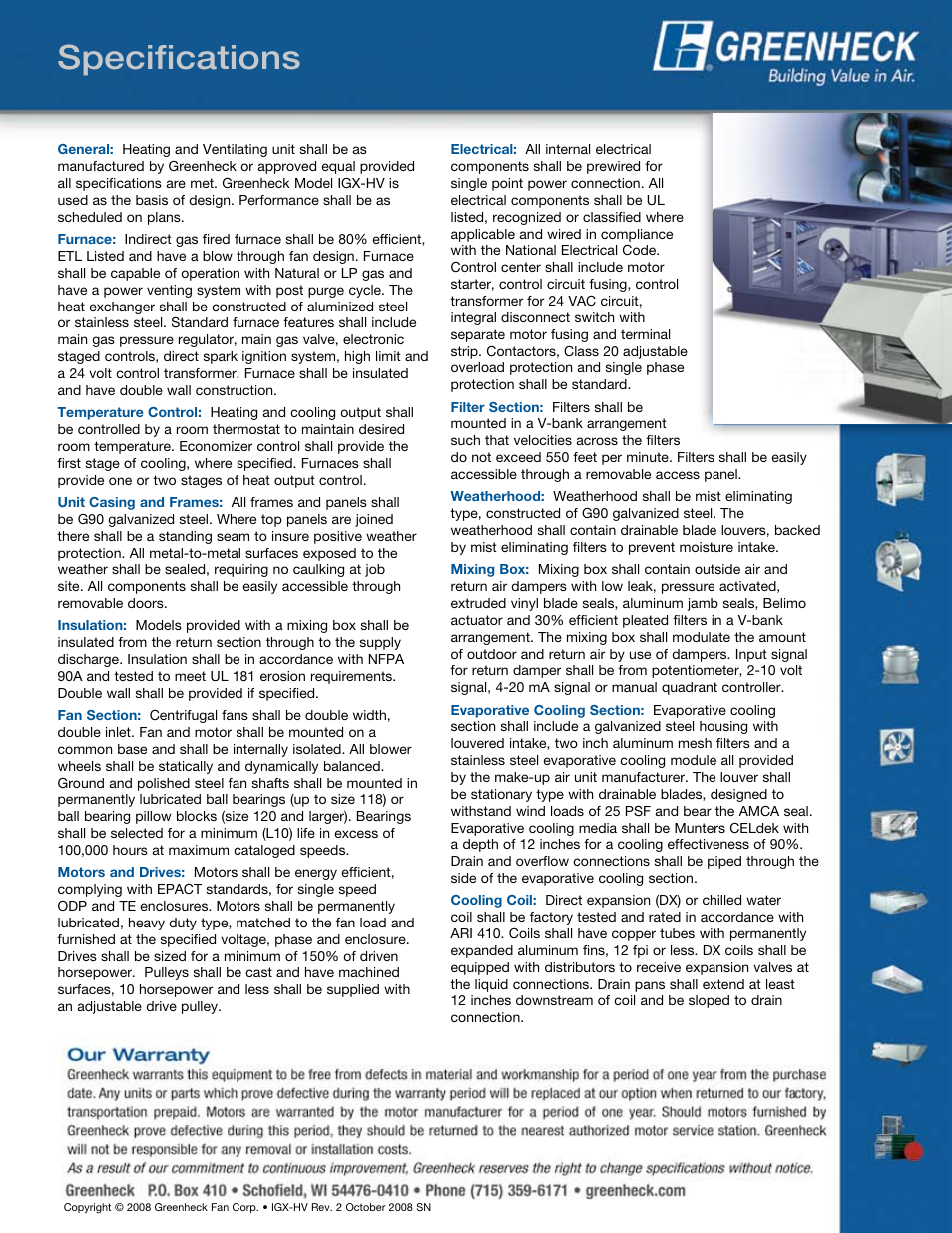 Specifications | Greenheck Fan IGX-HV User Manual | Page 8 / 8
