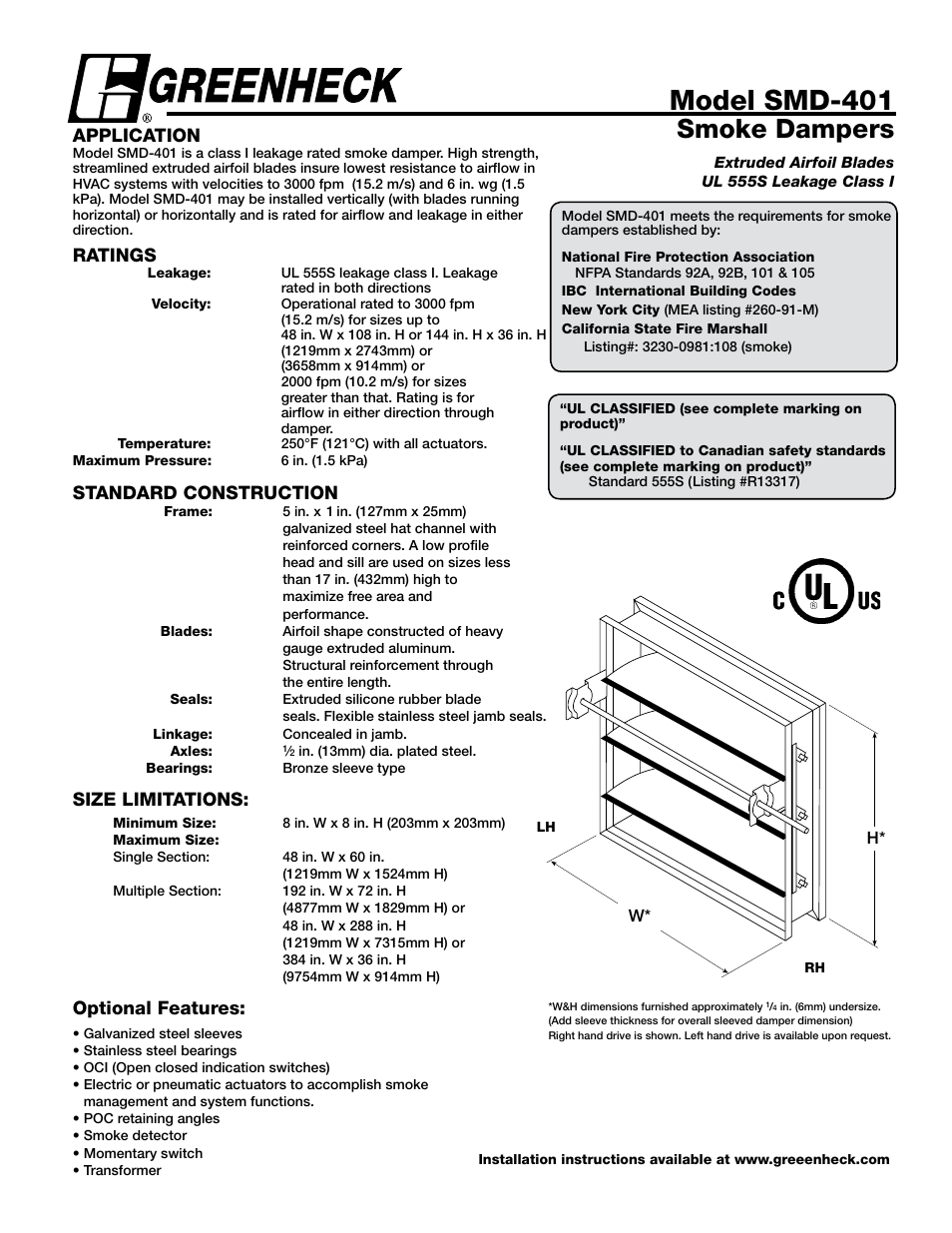 Greenheck Fan Smoke Dampers SMD-401 User Manual | 4 pages