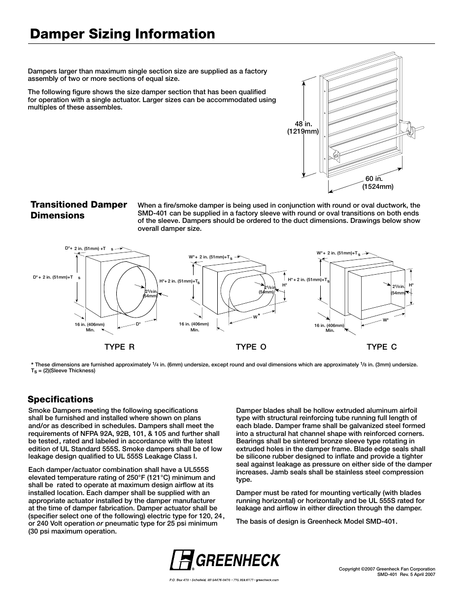 Damper sizing information, Transitioned damper dimensions, Specifications | Type r, Type o, Type c | Greenheck Fan Smoke Dampers SMD-401 User Manual | Page 4 / 4