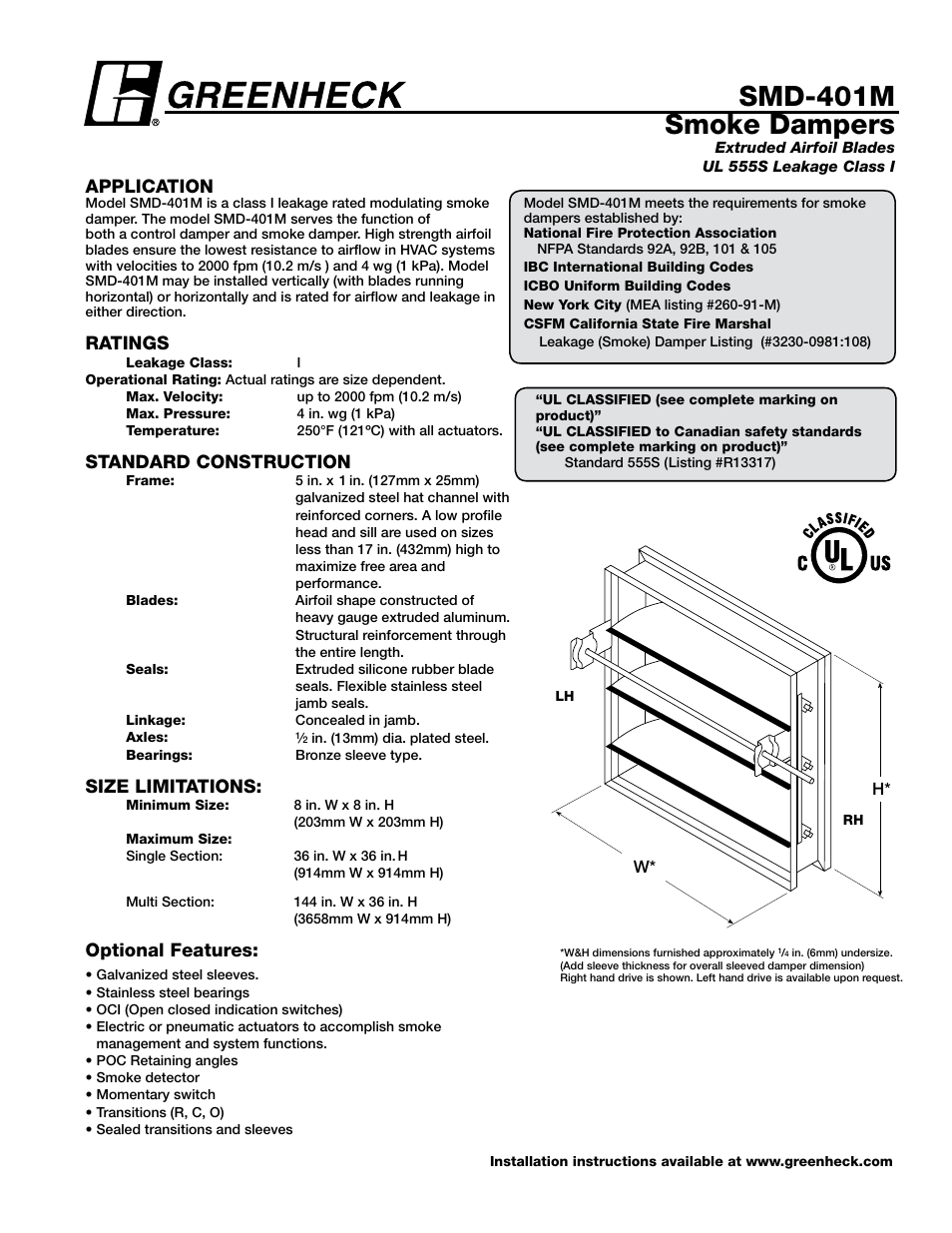 Greenheck Fan Smoke Dampers SMD-401M User Manual | 4 pages