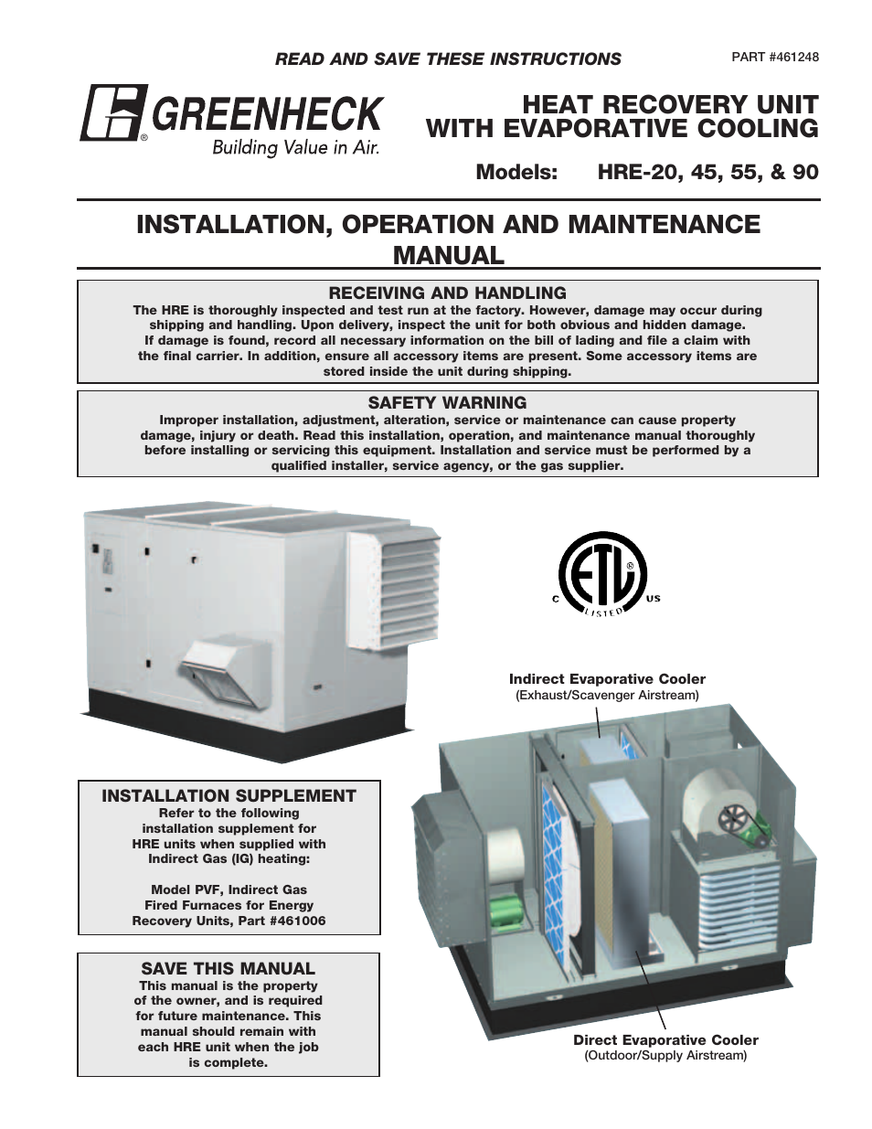 Greenheck Fan HEAT RECOVERY UNIT WITH EVAPORATIVE COOLING HRE-20 User Manual | 44 pages