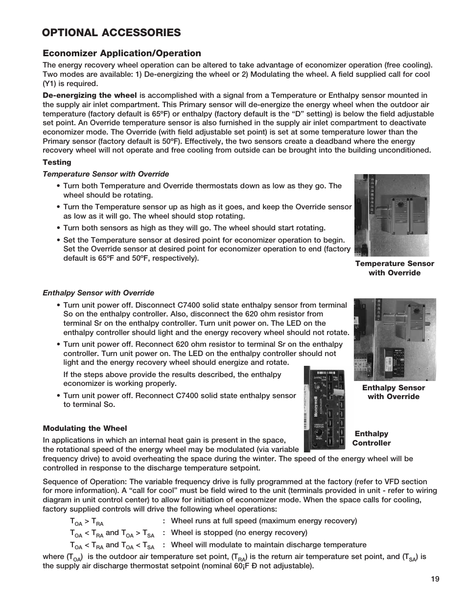 Optional accessories, Economizer application/operation | Greenheck Fan HEAT RECOVERY UNIT WITH EVAPORATIVE COOLING HRE-20 User Manual | Page 19 / 44