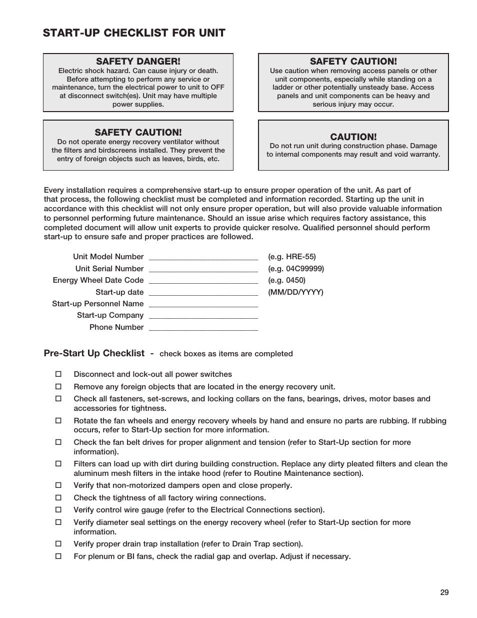 Start-up checklist for unit | Greenheck Fan HEAT RECOVERY UNIT WITH EVAPORATIVE COOLING HRE-20 User Manual | Page 29 / 44