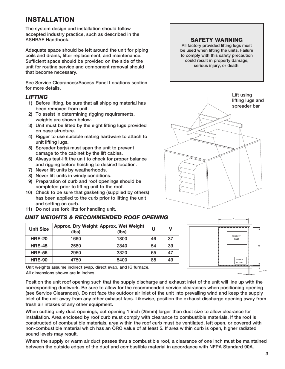 Installation, Lifting, Unit weights & recommended roof opening | Safety warning | Greenheck Fan HEAT RECOVERY UNIT WITH EVAPORATIVE COOLING HRE-20 User Manual | Page 3 / 44