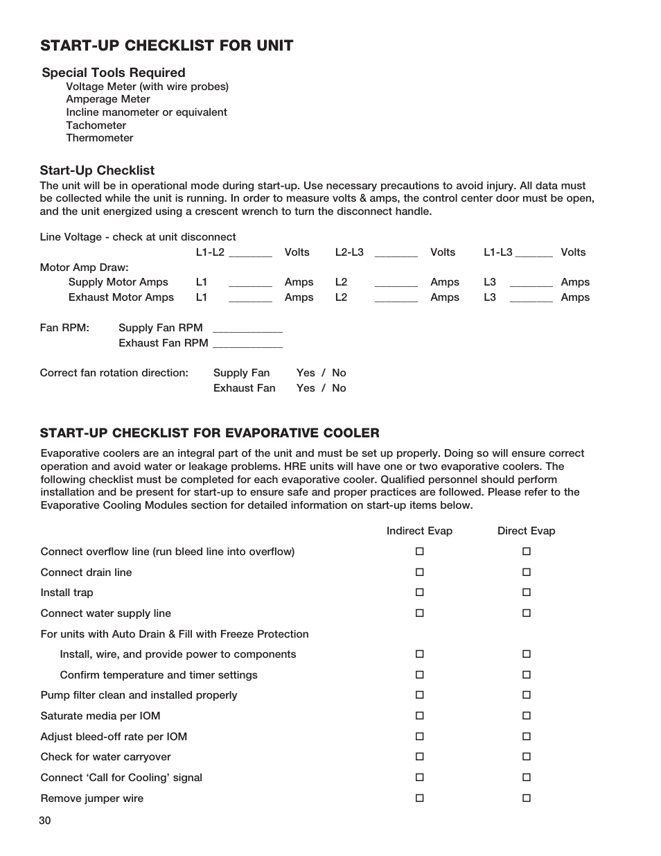 Start-up checklist for unit | Greenheck Fan HEAT RECOVERY UNIT WITH EVAPORATIVE COOLING HRE-20 User Manual | Page 30 / 44