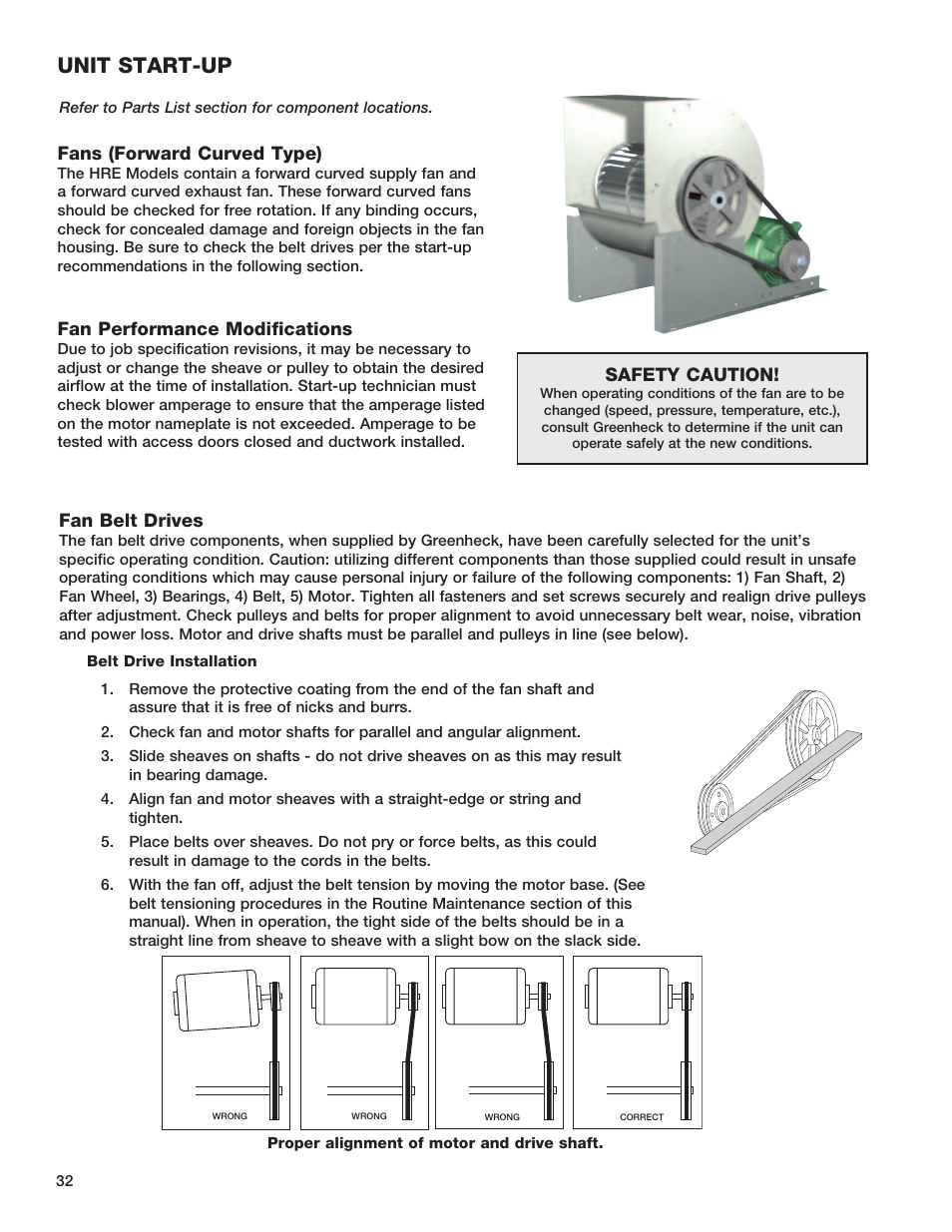Unit start-up, Fans (forward curved type), Fan performance modifications | Safety caution, Fan belt drives | Greenheck Fan HEAT RECOVERY UNIT WITH EVAPORATIVE COOLING HRE-20 User Manual | Page 32 / 44