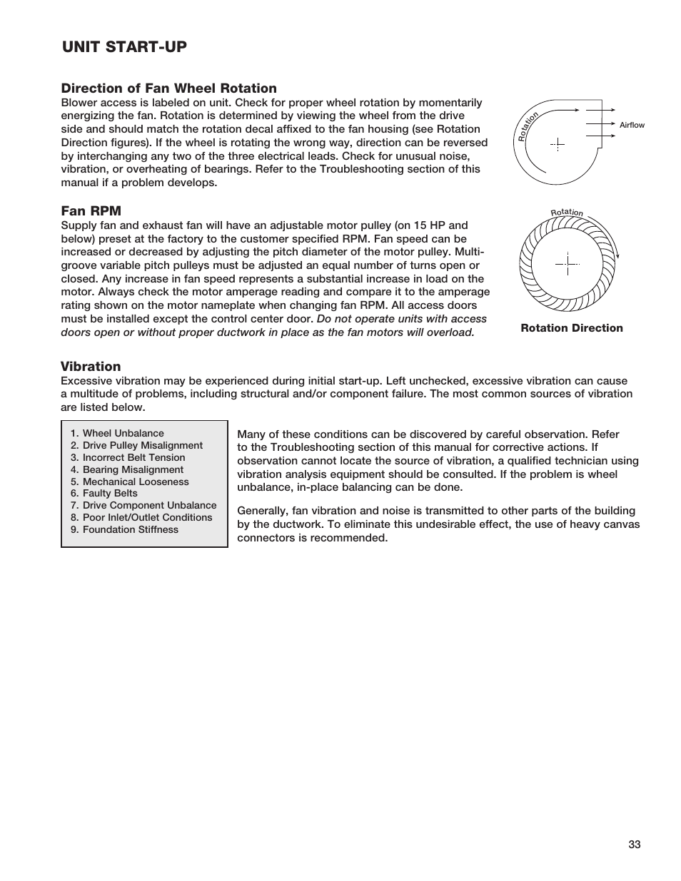 Unit start-up, Vibration, Direction of fan wheel rotation | Fan rpm | Greenheck Fan HEAT RECOVERY UNIT WITH EVAPORATIVE COOLING HRE-20 User Manual | Page 33 / 44