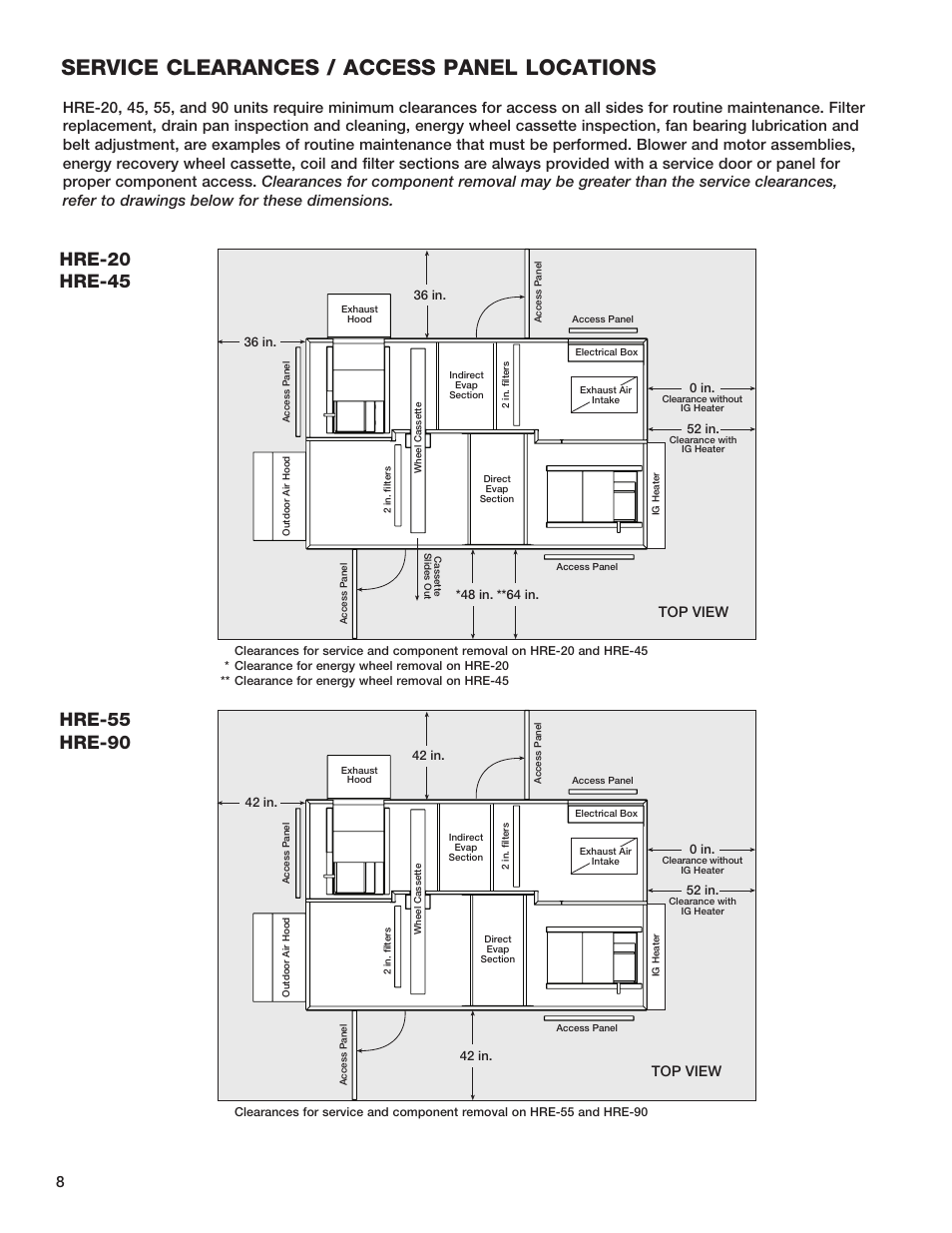 Service clearances / access panel locations, Top view | Greenheck Fan HEAT RECOVERY UNIT WITH EVAPORATIVE COOLING HRE-20 User Manual | Page 8 / 44
