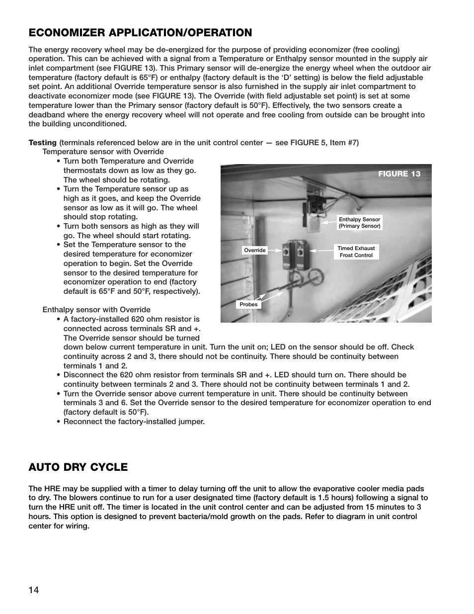 Economizer application/operation, Auto dry cycle | Greenheck Fan HRE-20 User Manual | Page 14 / 24