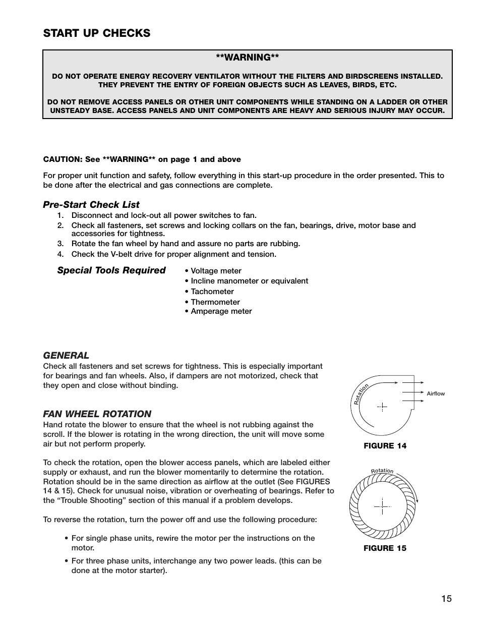 Start up checks | Greenheck Fan HRE-20 User Manual | Page 15 / 24