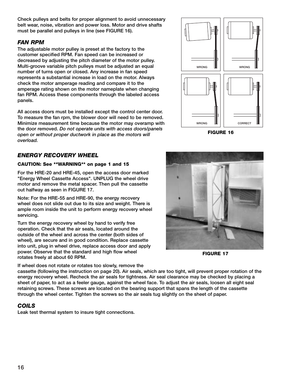 16 energy recovery wheel, Coils, Fan rpm | Greenheck Fan HRE-20 User Manual | Page 16 / 24
