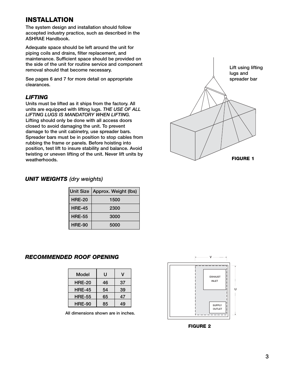 Installation, Lifting | Greenheck Fan HRE-20 User Manual | Page 3 / 24