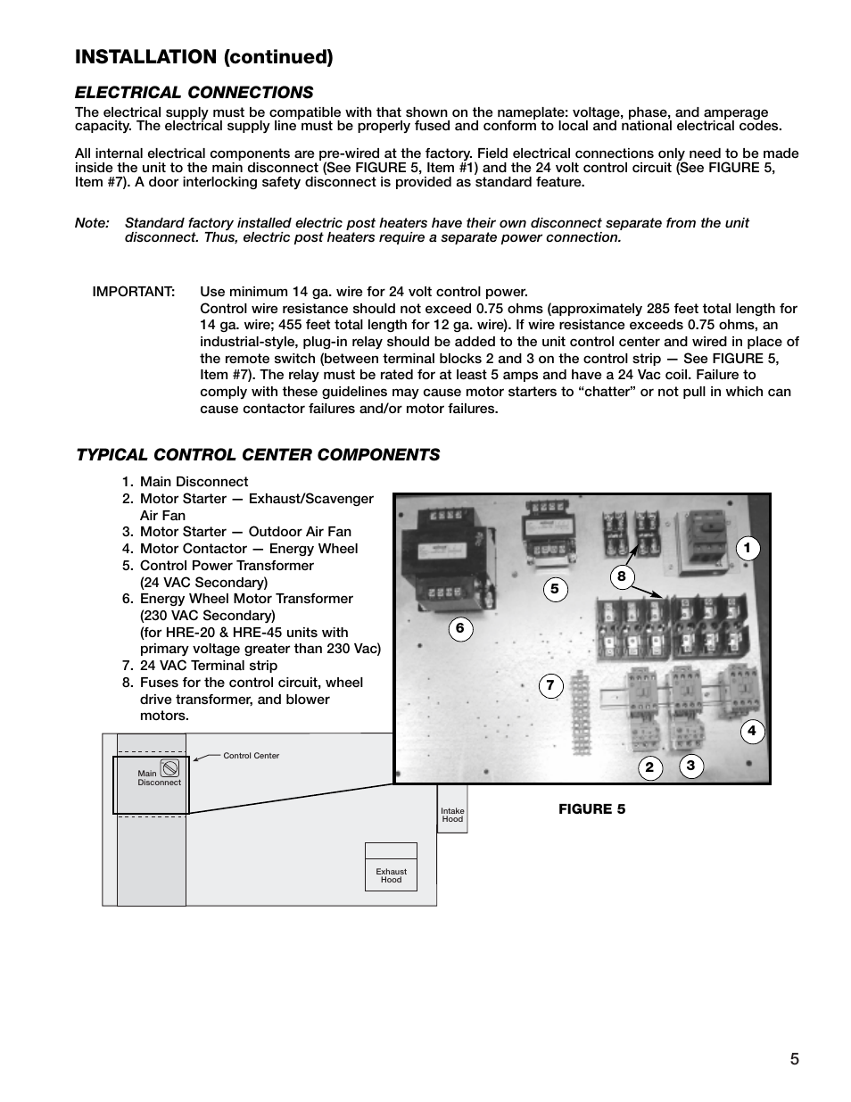 Installation (continued), Electrical connections, Typical control center components | Greenheck Fan HRE-20 User Manual | Page 5 / 24