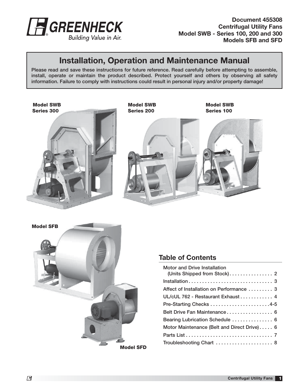 Greenheck Fan Centrifugal Utility Fan Model SWB Series 100 User Manual | 8 pages