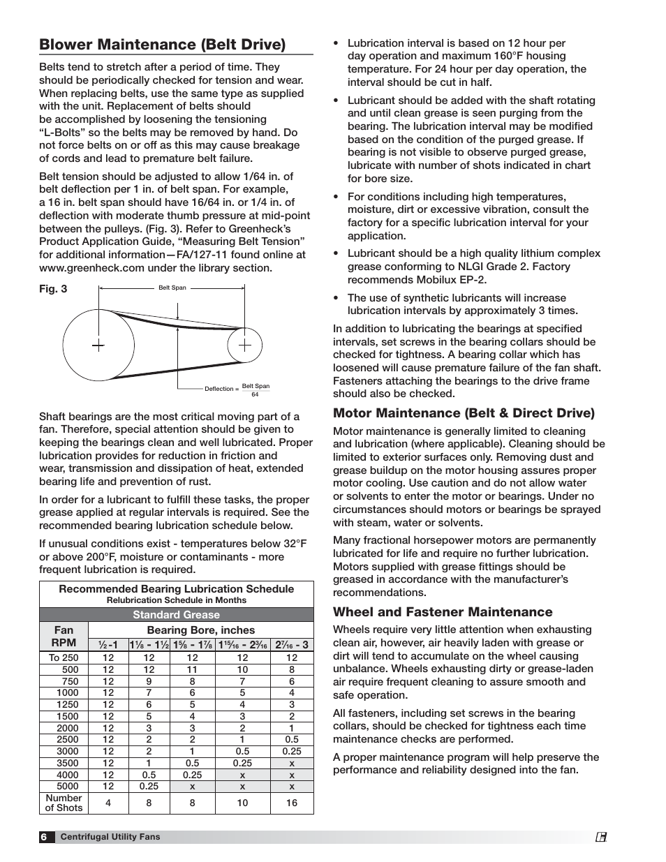 Blower maintenance (belt drive), Motor maintenance (belt & direct drive), Wheel and fastener maintenance | Greenheck Fan Centrifugal Utility Fan Model SWB Series 100 User Manual | Page 6 / 8