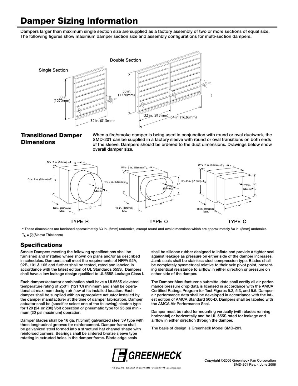 Damper sizing information, Specifications transitioned damper dimensions, Type r | Type o, Type c | Greenheck Fan Smoke Dampers SMD-201 User Manual | Page 7 / 7