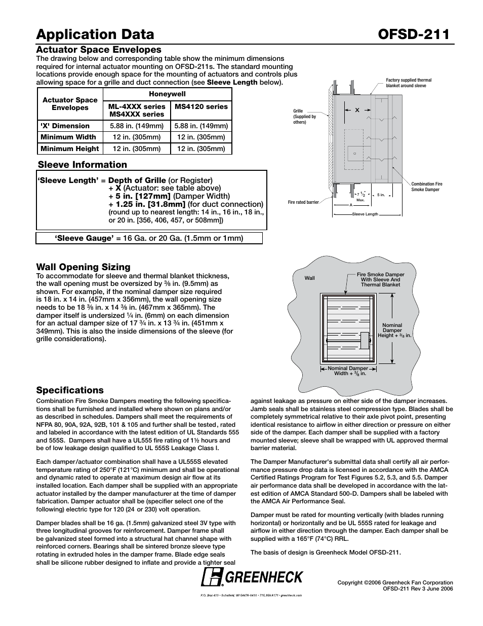 Application data ofsd-211, Actuator space envelopes, Wall opening sizing | Sleeve information, Specifications | Greenheck Fan OFSD-211 User Manual | Page 6 / 6