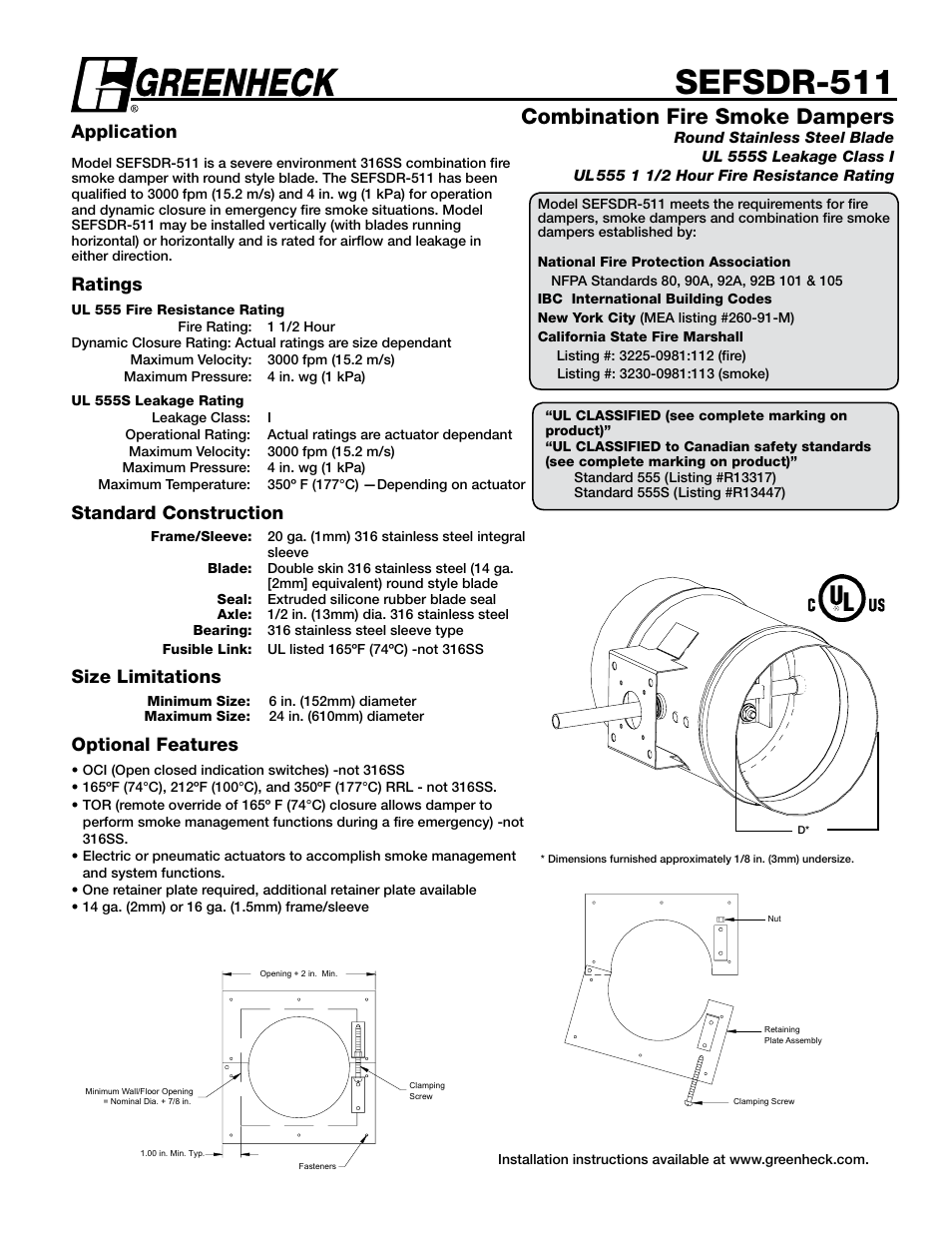 Greenheck Fan Combination Fire Smoke Damper SEFSDR-511 User Manual | 2 pages